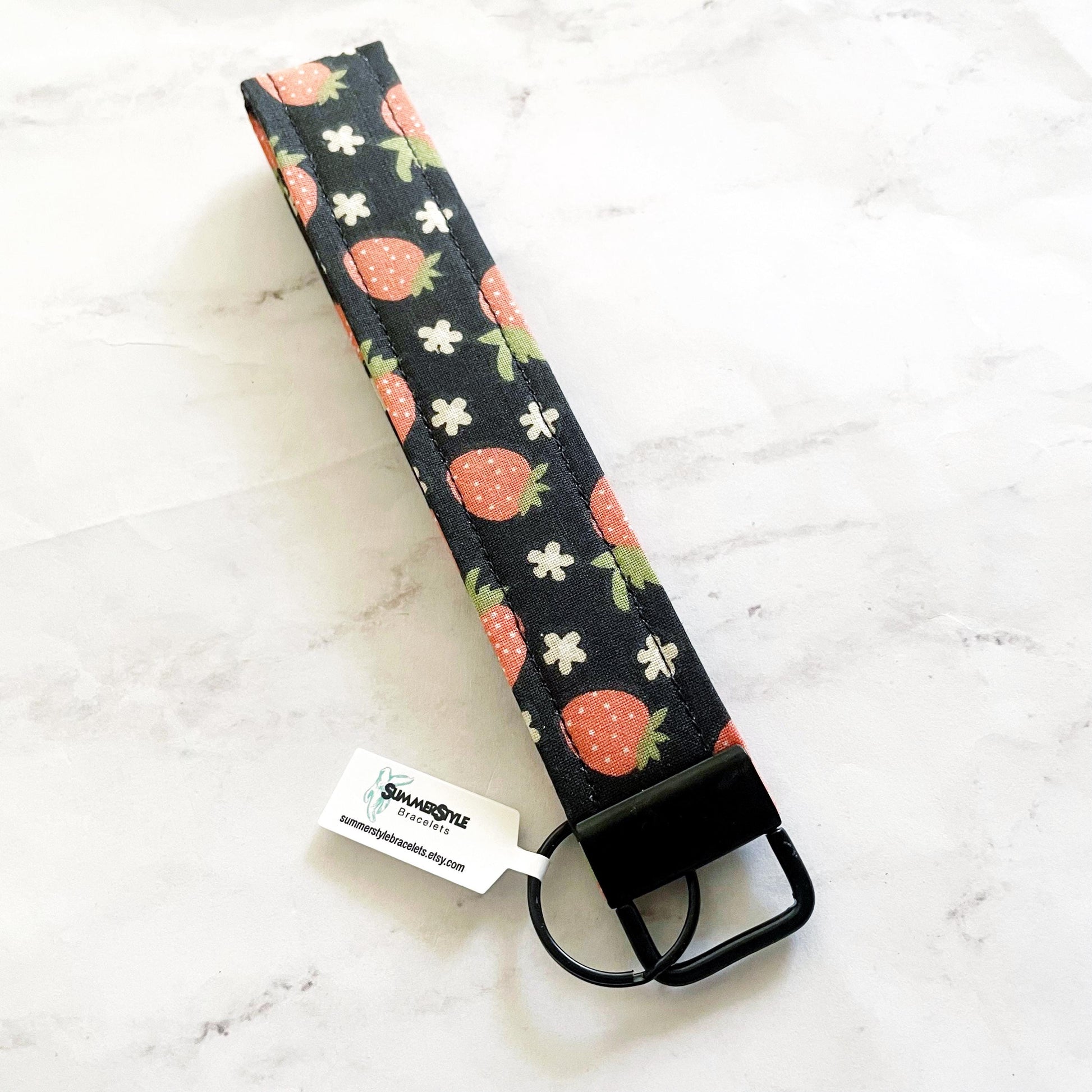 Dark Strawberry Key Fob Wristlet, 6.5in Wristlet Lanyard, Keychain Wristlet, Handmade Lanyard, SummerStyle Bracelets
