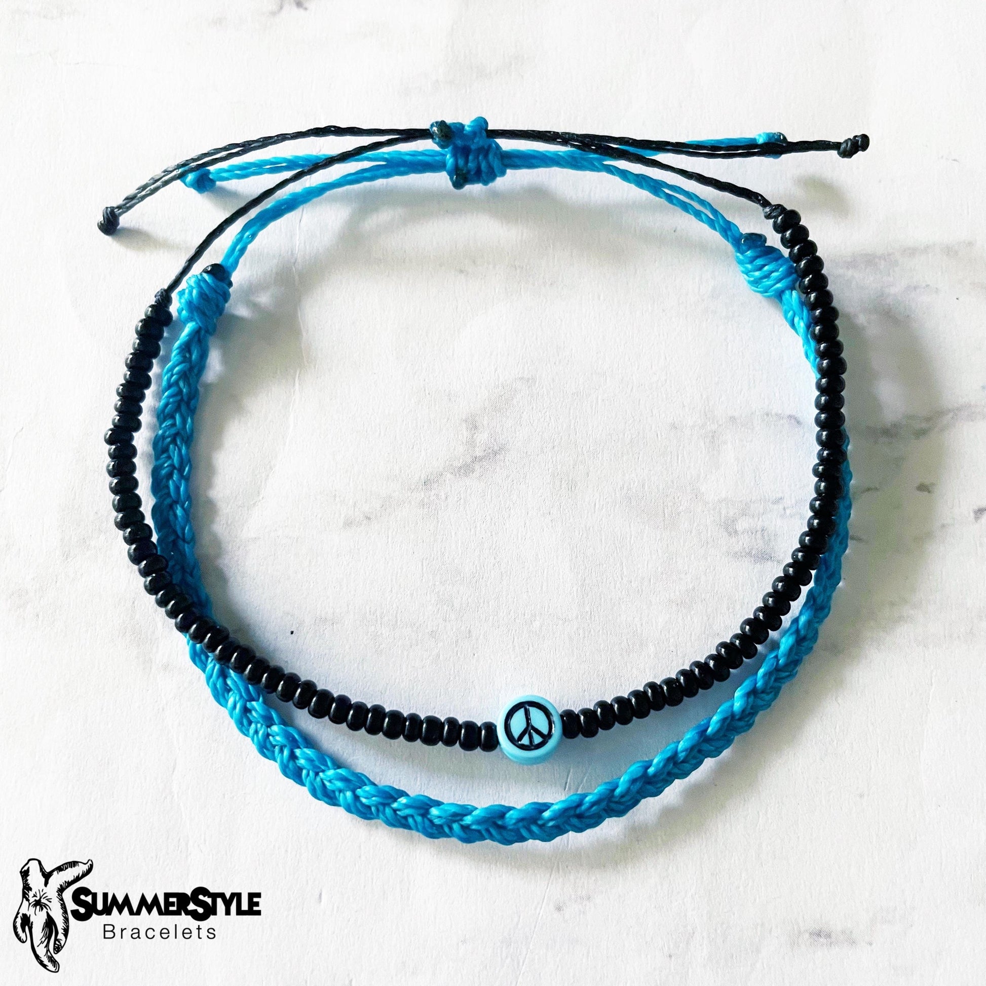 Cerulean Peace Sign Bracelet Set, Seed Bead Bracelet, Braided Bracelet, Hippie Jewelry, SummerStyle Bracelets