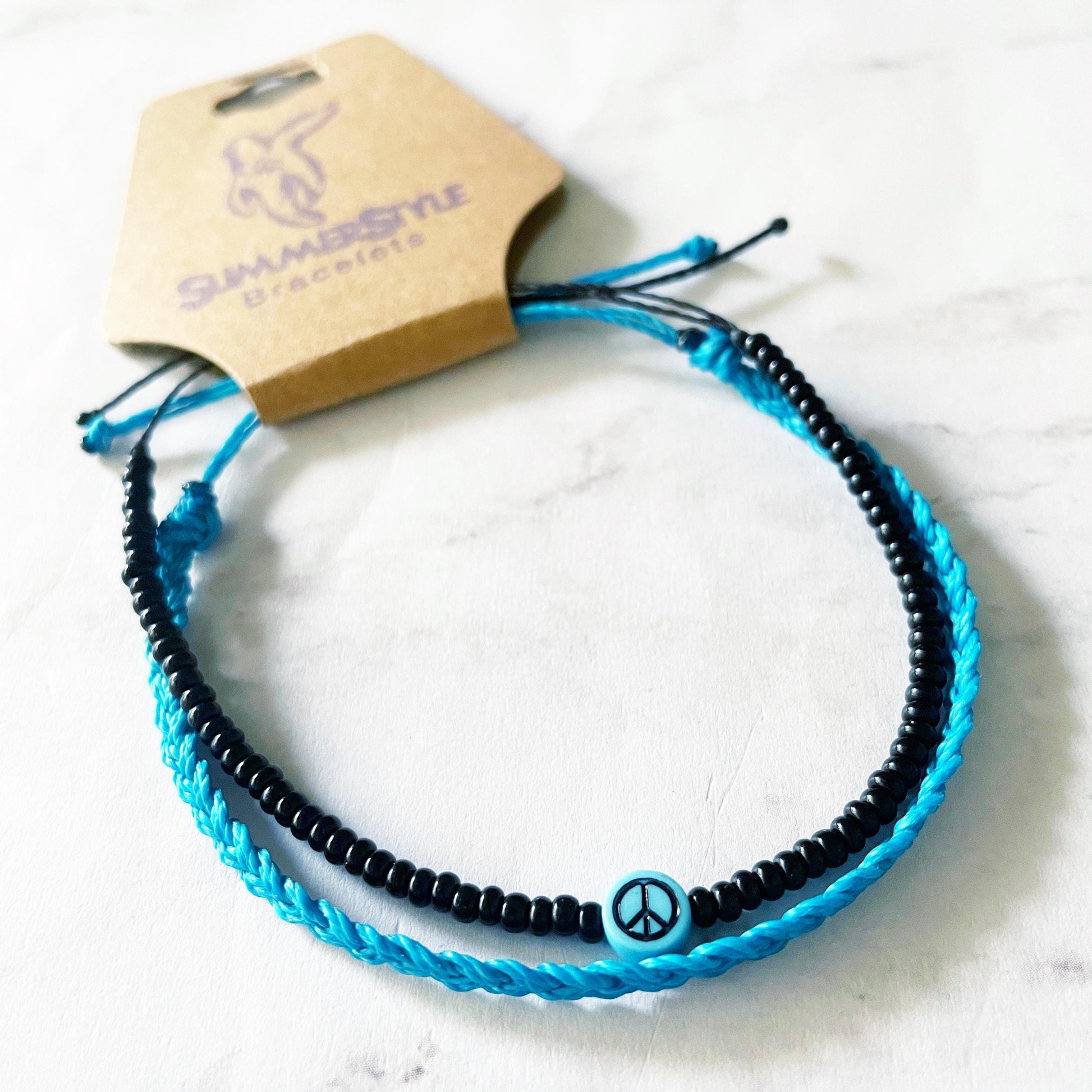 Cerulean Peace Sign Bracelet Set, Seed Bead Bracelet, Braided Bracelet, Hippie Jewelry, SummerStyle Bracelets