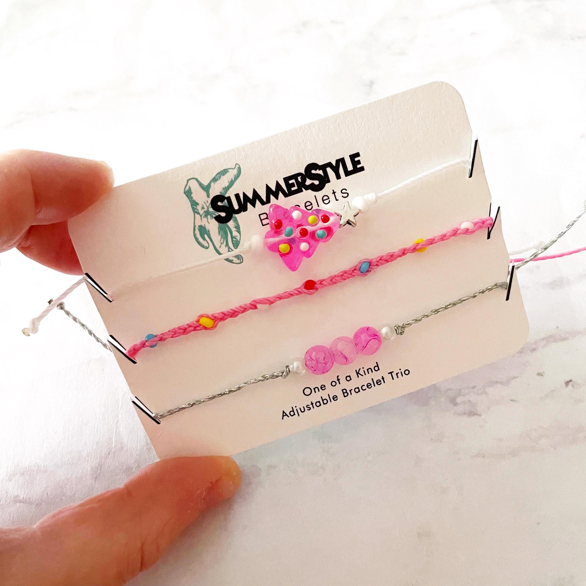 Pretty Pink Christmas Tree Bracelet Set, One of a Kind Bracelet Trio, Unique Bracelet Set, Christmas Jewelry, SummerStyle Bracelets