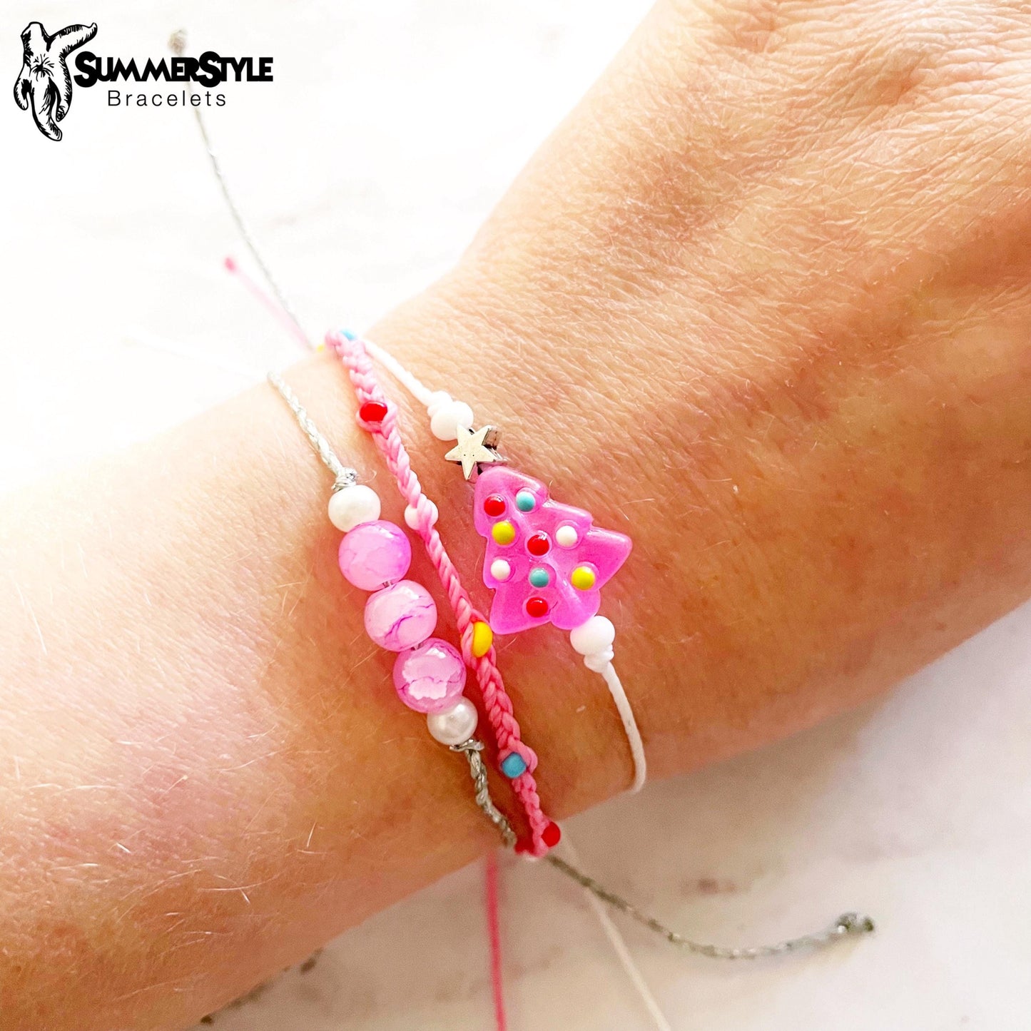 Pretty Pink Christmas Tree Bracelet Set, One of a Kind Bracelet Trio, Unique Bracelet Set, Christmas Jewelry, SummerStyle Bracelets
