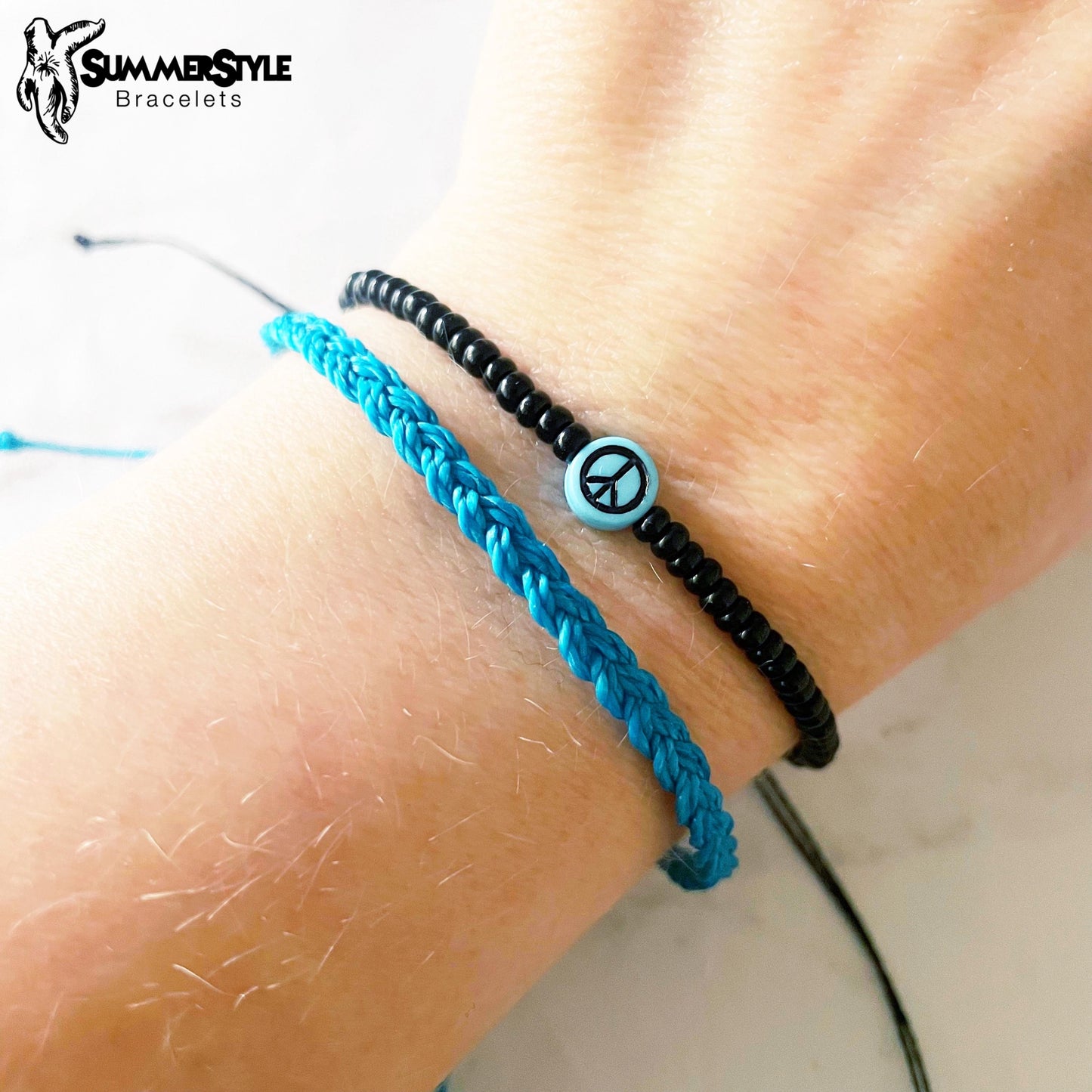 Cerulean Peace Sign Bracelet Set, Seed Bead Bracelet, Braided Bracelet, Hippie Jewelry, SummerStyle Bracelets