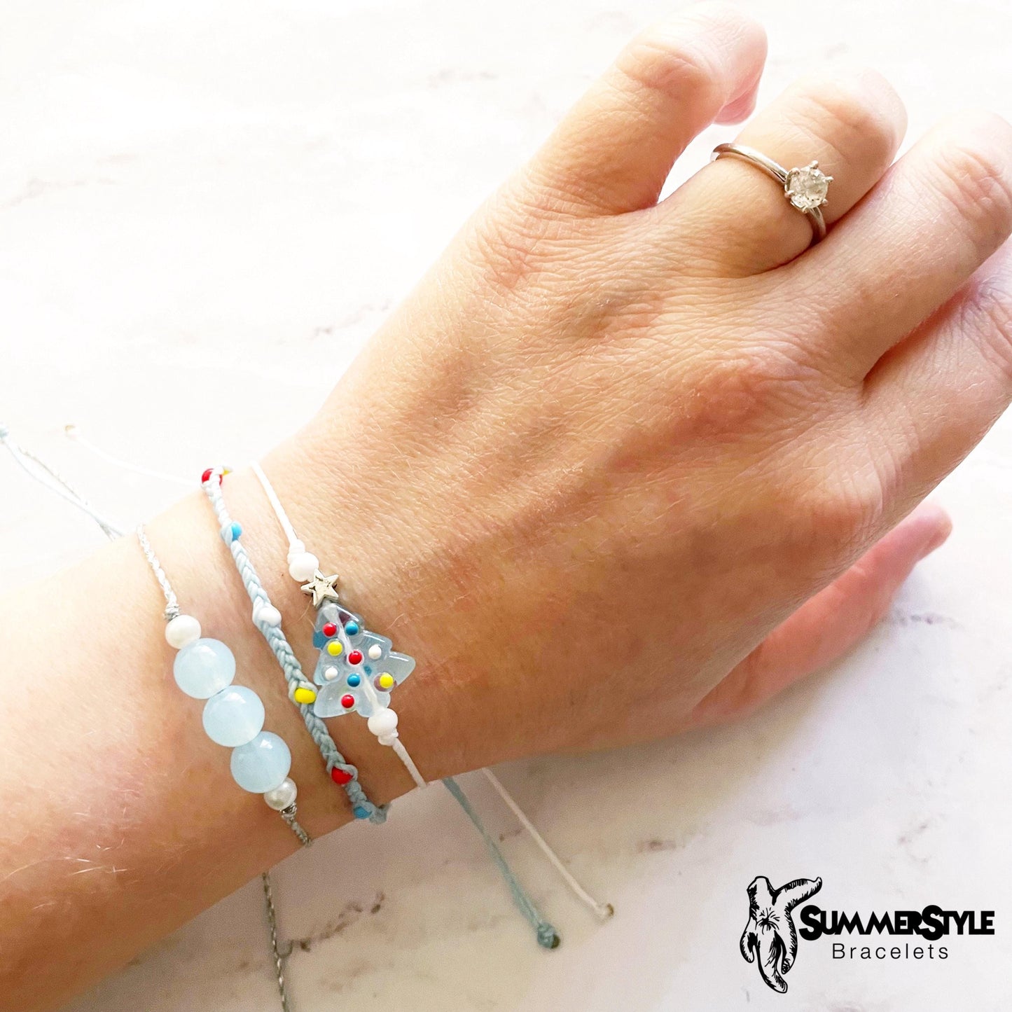 Icy Blue Christmas Tree Bracelet Set, One of a Kind Bracelet Trio, Unique Bracelet Set, Christmas Jewelry, SummerStyle Bracelets
