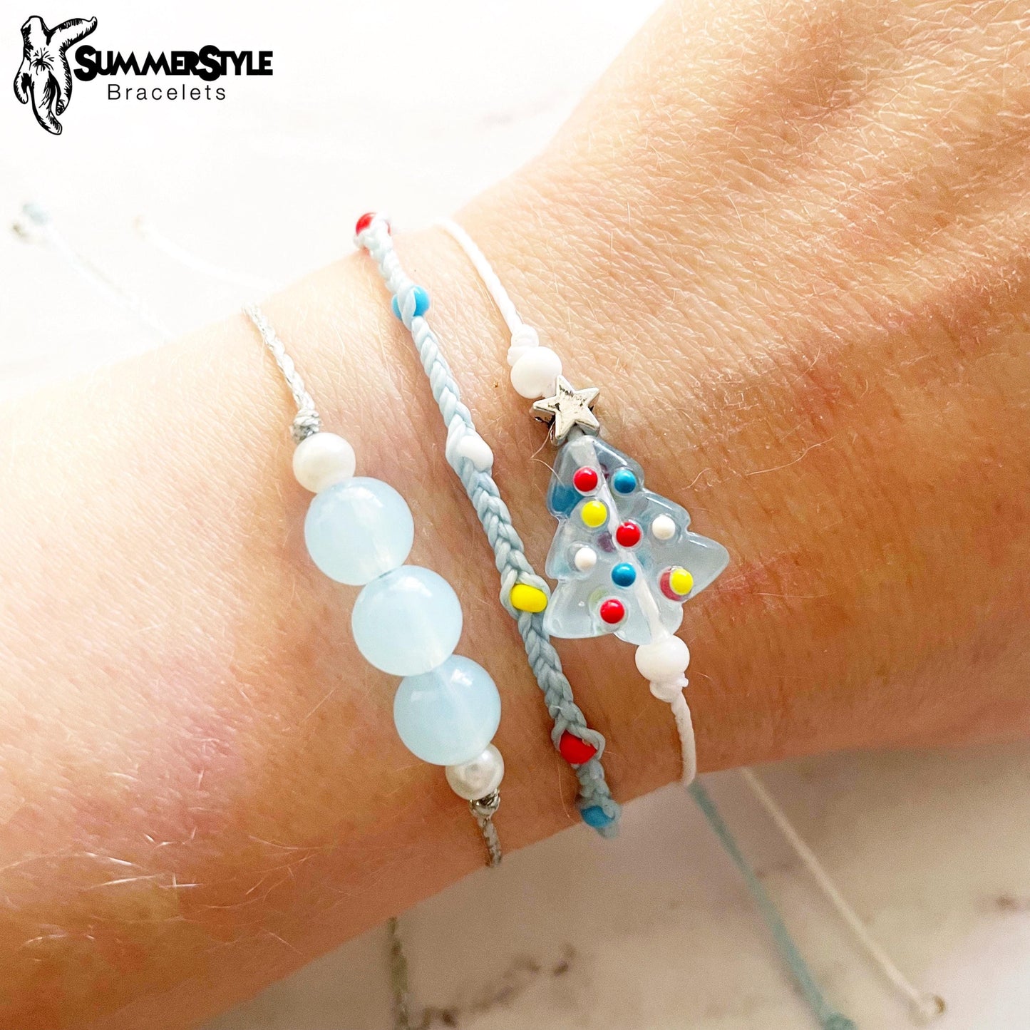 Icy Blue Christmas Tree Bracelet Set, One of a Kind Bracelet Trio, Unique Bracelet Set, Christmas Jewelry, SummerStyle Bracelets