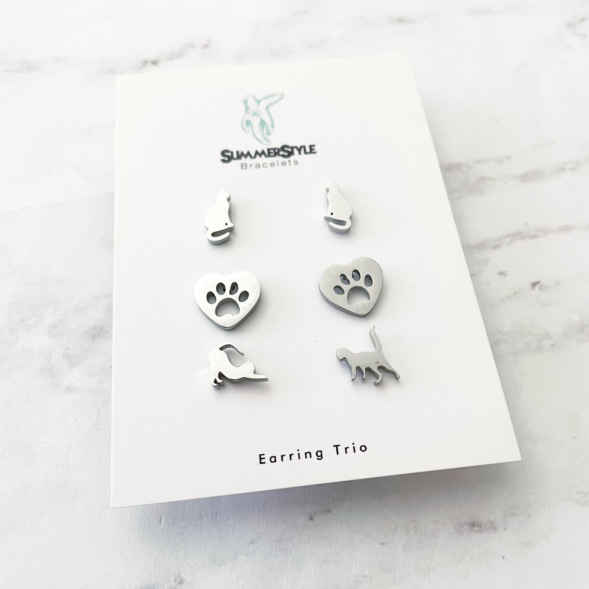 Silver Cat Stud Earring Set, Stud Earrings Trio, Pet Earrings, SummerStyle Bracelets