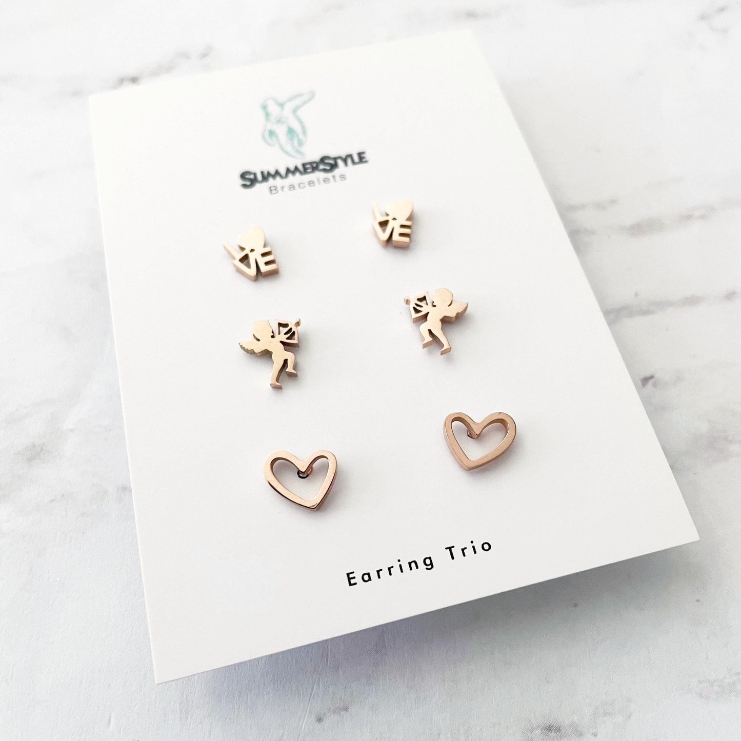 Rose Gold Valentine’s Day Stud Earring Set, Stud Earrings Trio, Heart Earrings, SummerStyle Bracelets