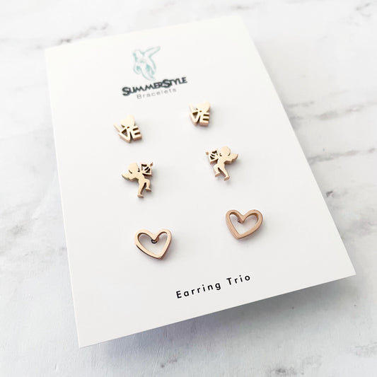 Rose Gold Valentine’s Day Stud Earring Set, Stud Earrings Trio, Heart Earrings, SummerStyle Bracelets
