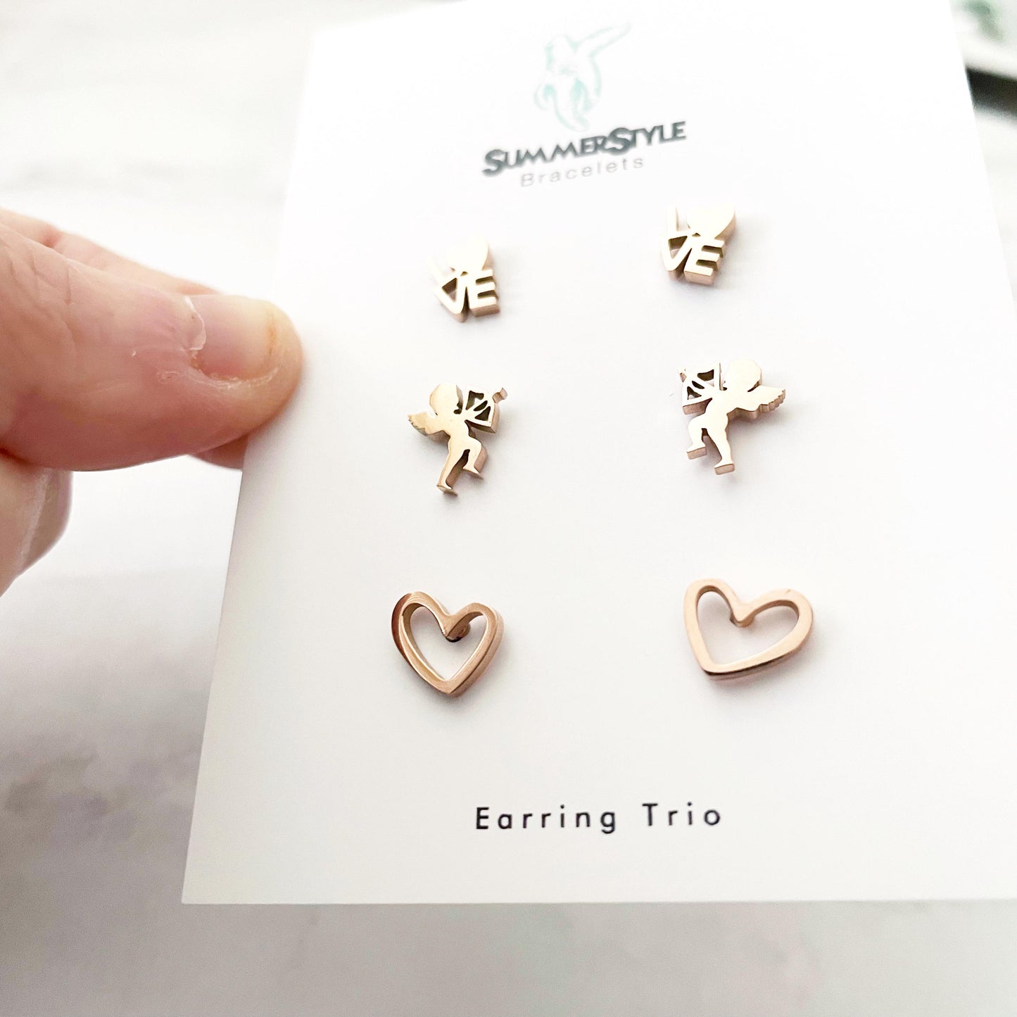 Rose Gold Valentine’s Day Stud Earring Set, Stud Earrings Trio, Heart Earrings, SummerStyle Bracelets