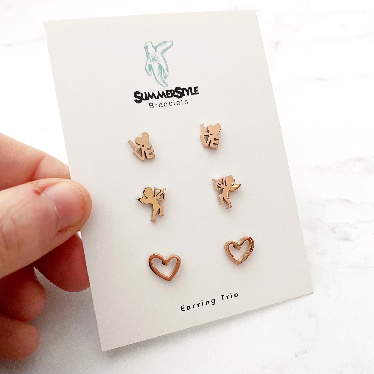 Rose Gold Valentine’s Day Stud Earring Set, Stud Earrings Trio, Heart Earrings, SummerStyle Bracelets
