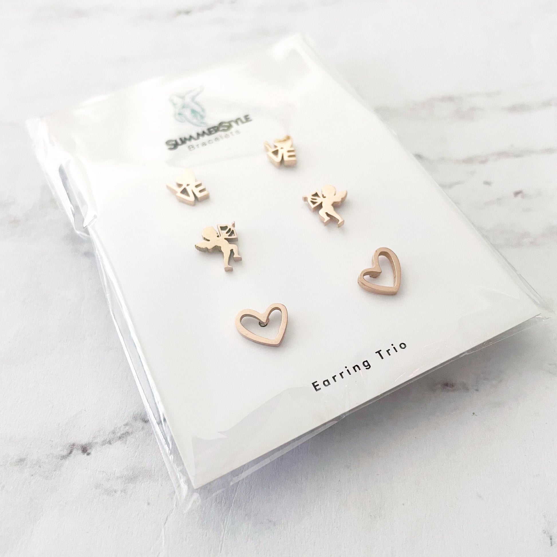 Rose Gold Valentine’s Day Stud Earring Set, Stud Earrings Trio, Heart Earrings, SummerStyle Bracelets