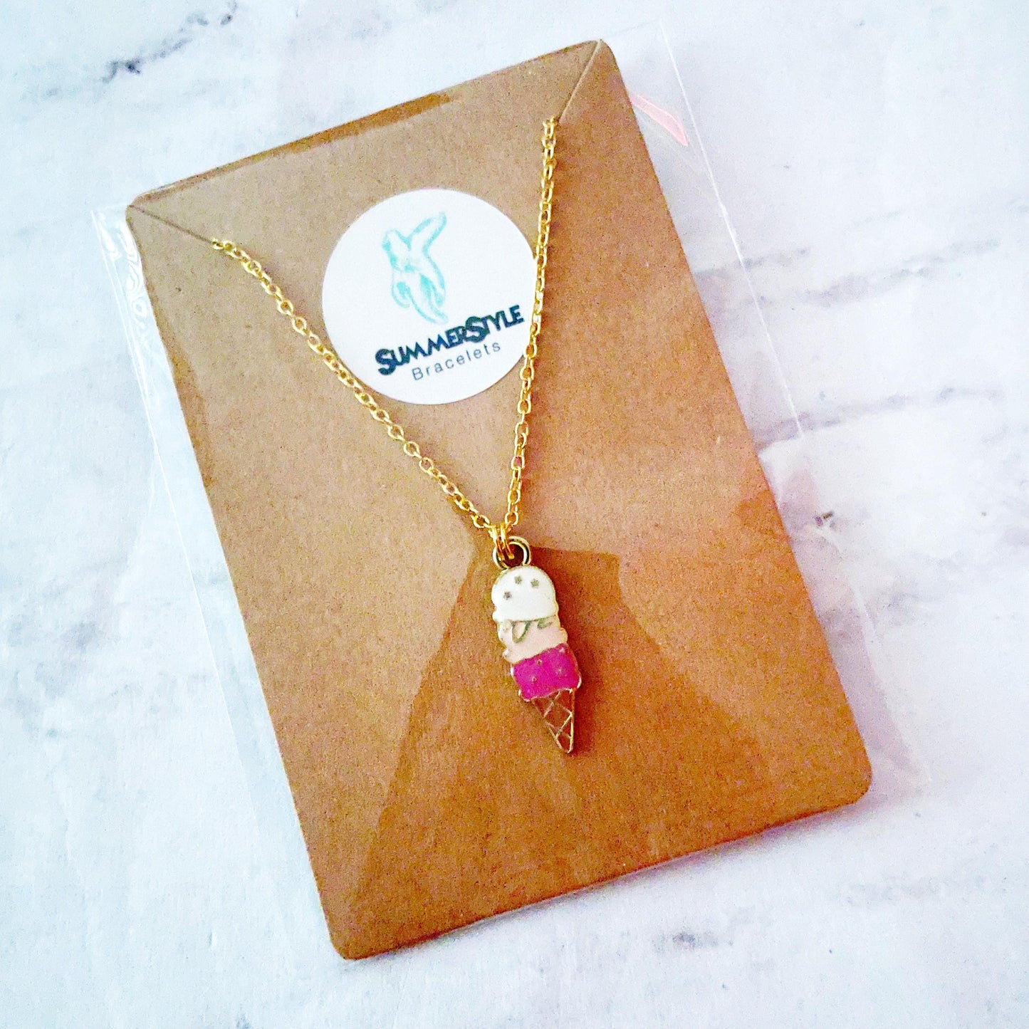 Neopolitan Ice Cream Cone Charm Necklace, Summer Jewelry, Gold Chain Necklace, SummerStyle Bracelets
