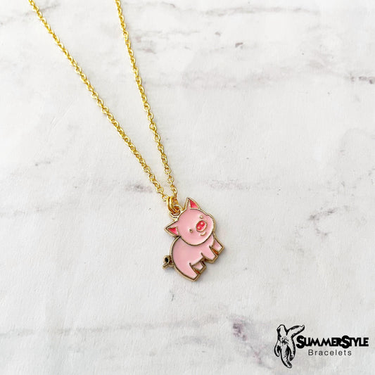 Pink Piggy Charm Necklace, Pig Jewelry, Stainless Steel Chain Necklace, SummerStyle Bracelets
