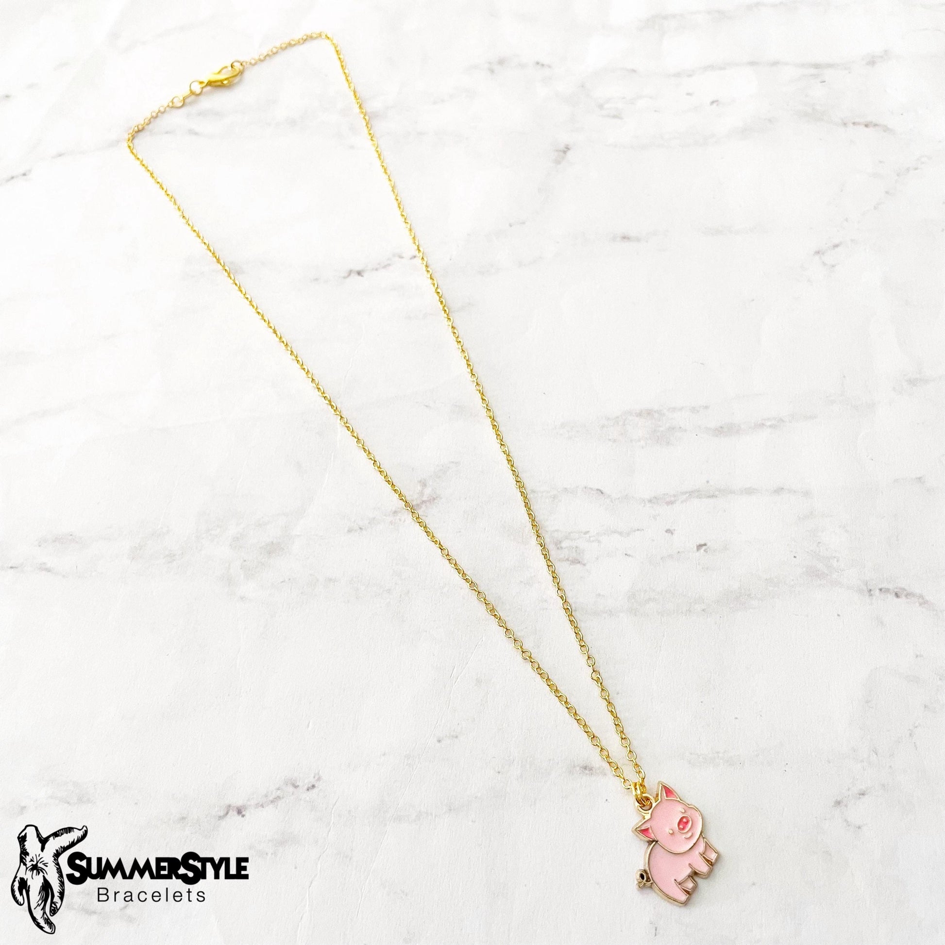 Pink Piggy Charm Necklace, Pig Jewelry, Stainless Steel Chain Necklace, SummerStyle Bracelets
