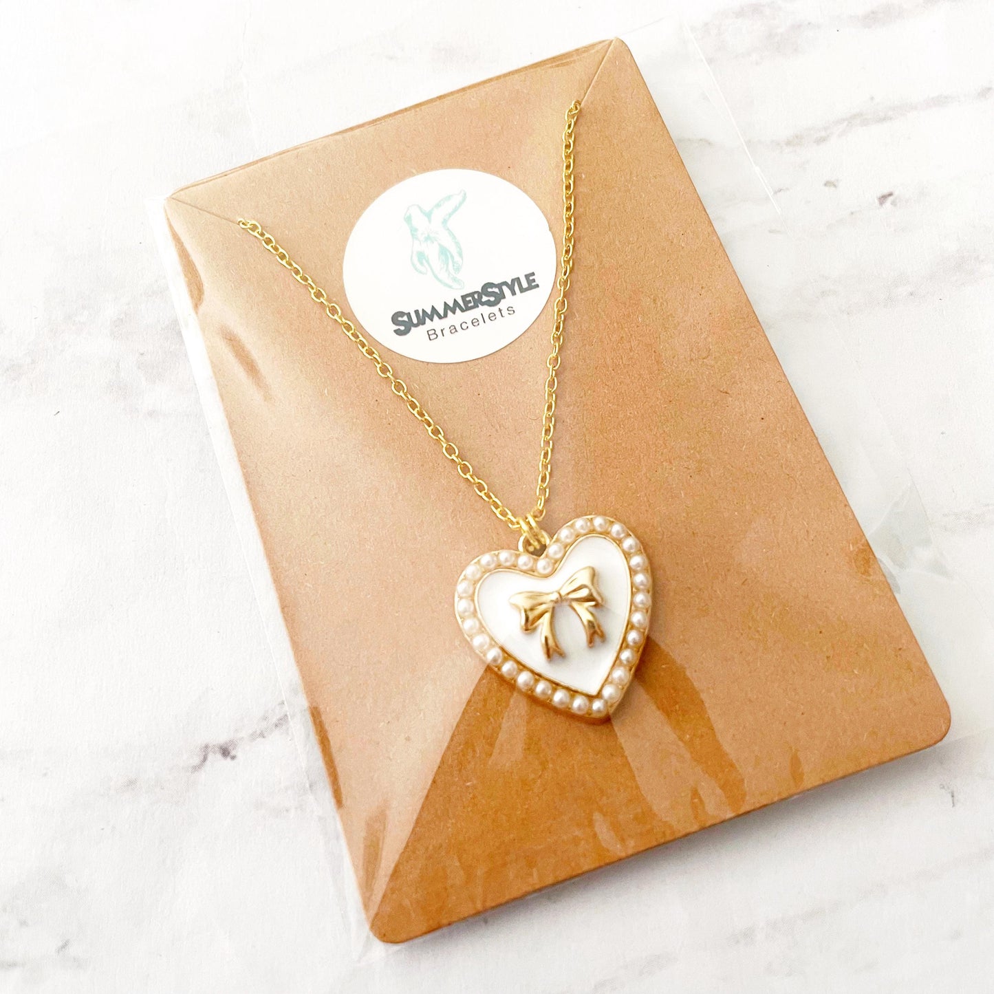 Pearly Bow Heart Charm Necklace, Bow Jewelry, Stainless Steel Chain Necklace, SummerStyle Bracelets