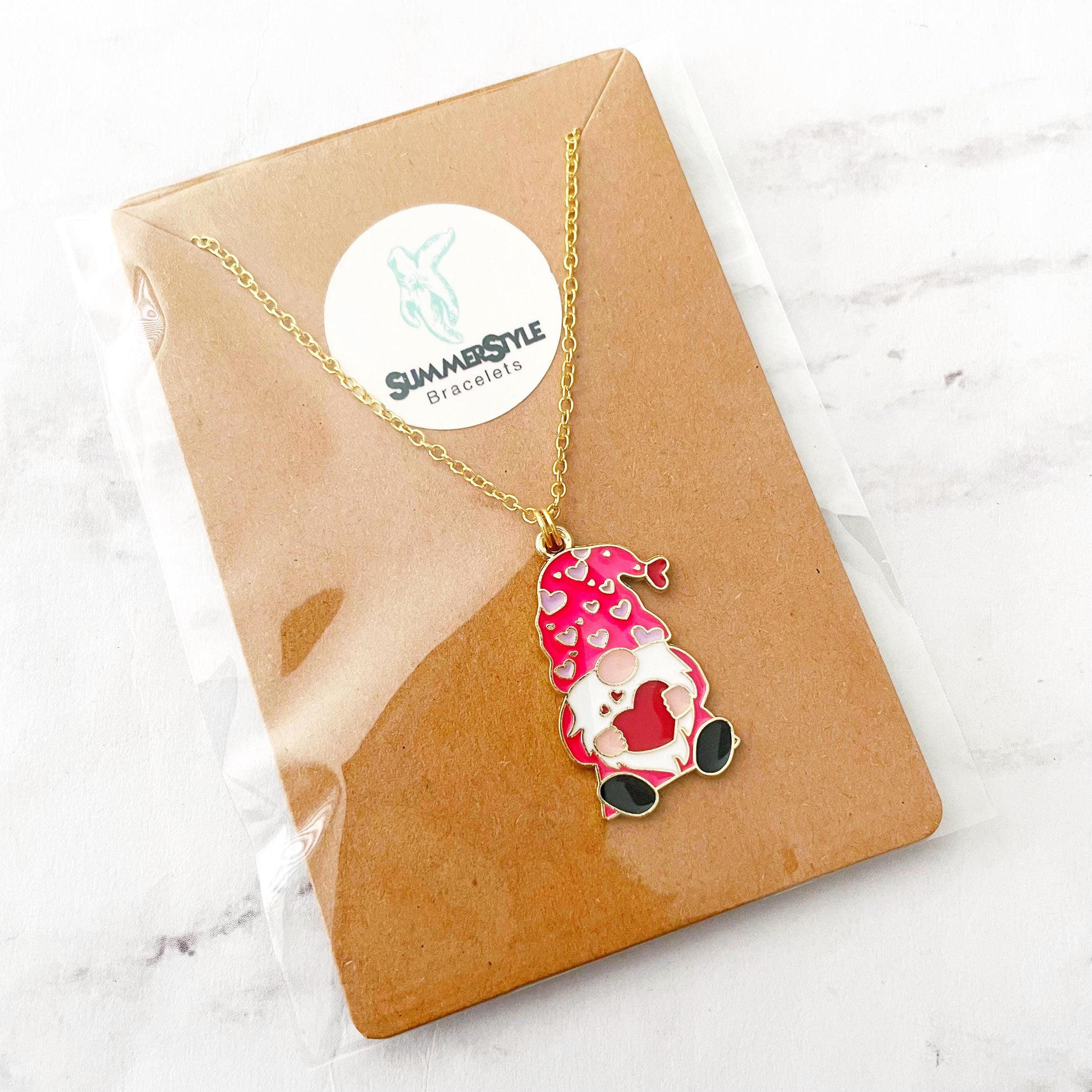 Valentine Gnome Charm Necklace, Valentine Jewelry, Stainless Steel Chain Necklace, SummerStyle Bracelets