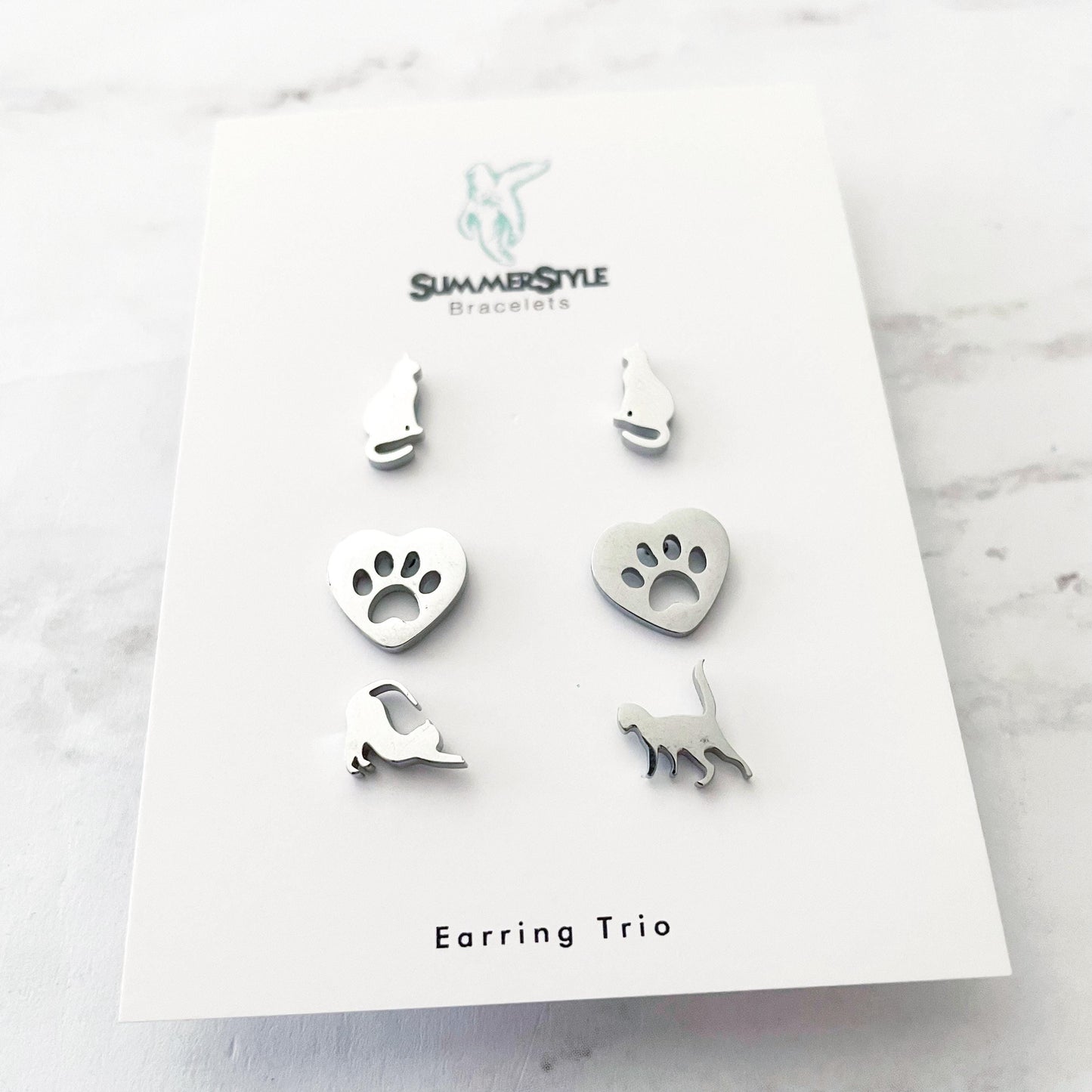 Silver Cat Stud Earring Set, Stud Earrings Trio, Pet Earrings, SummerStyle Bracelets