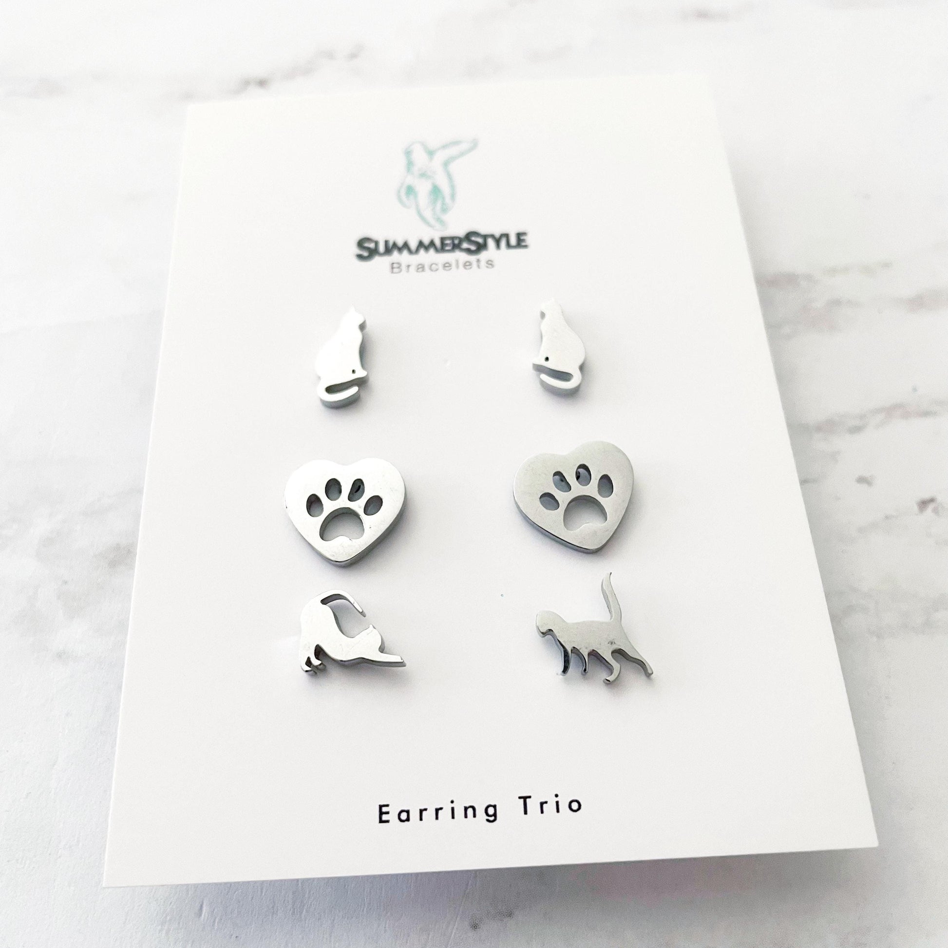 Silver Cat Stud Earring Set, Stud Earrings Trio, Pet Earrings, SummerStyle Bracelets