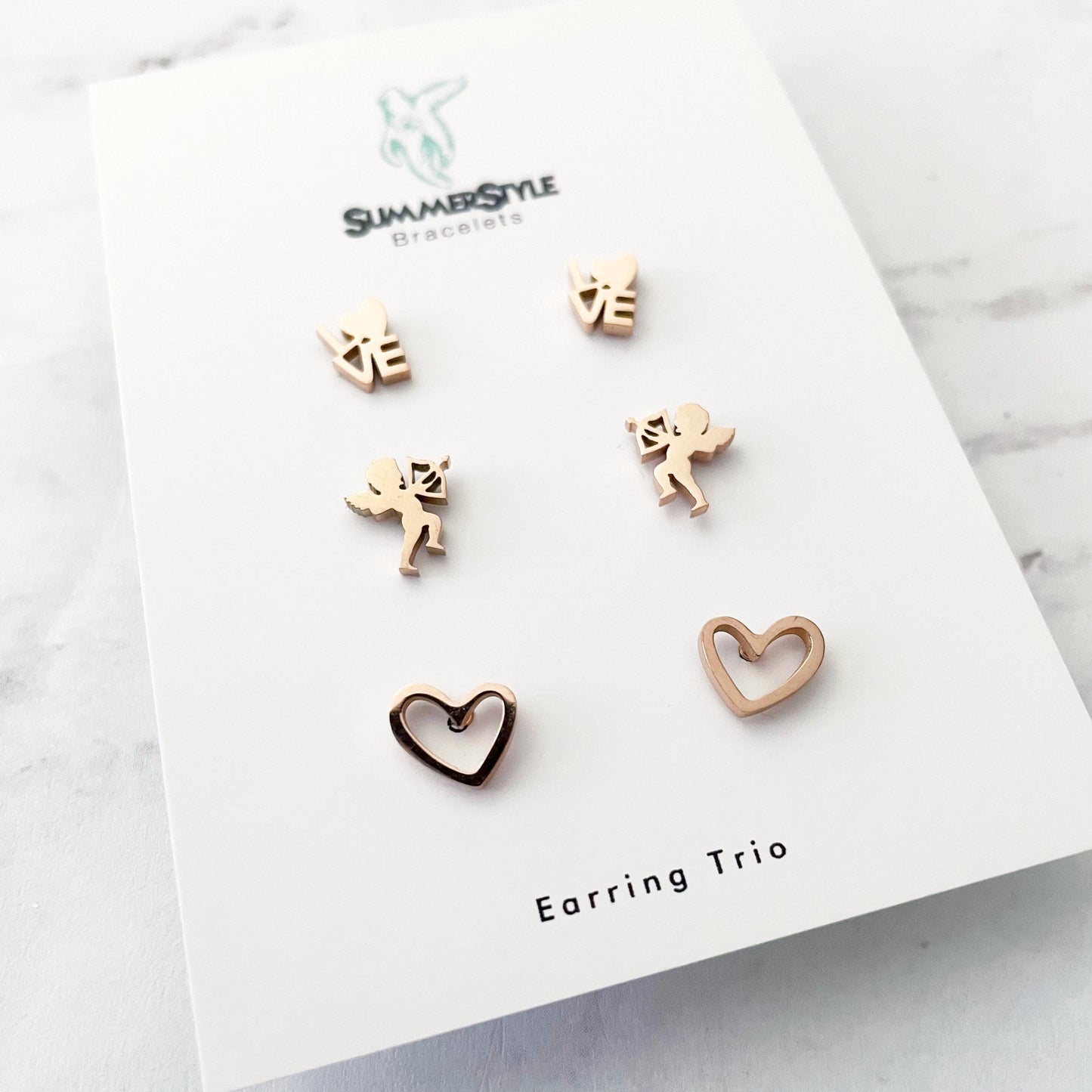Rose Gold Valentine’s Day Stud Earring Set, Stud Earrings Trio, Heart Earrings, SummerStyle Bracelets