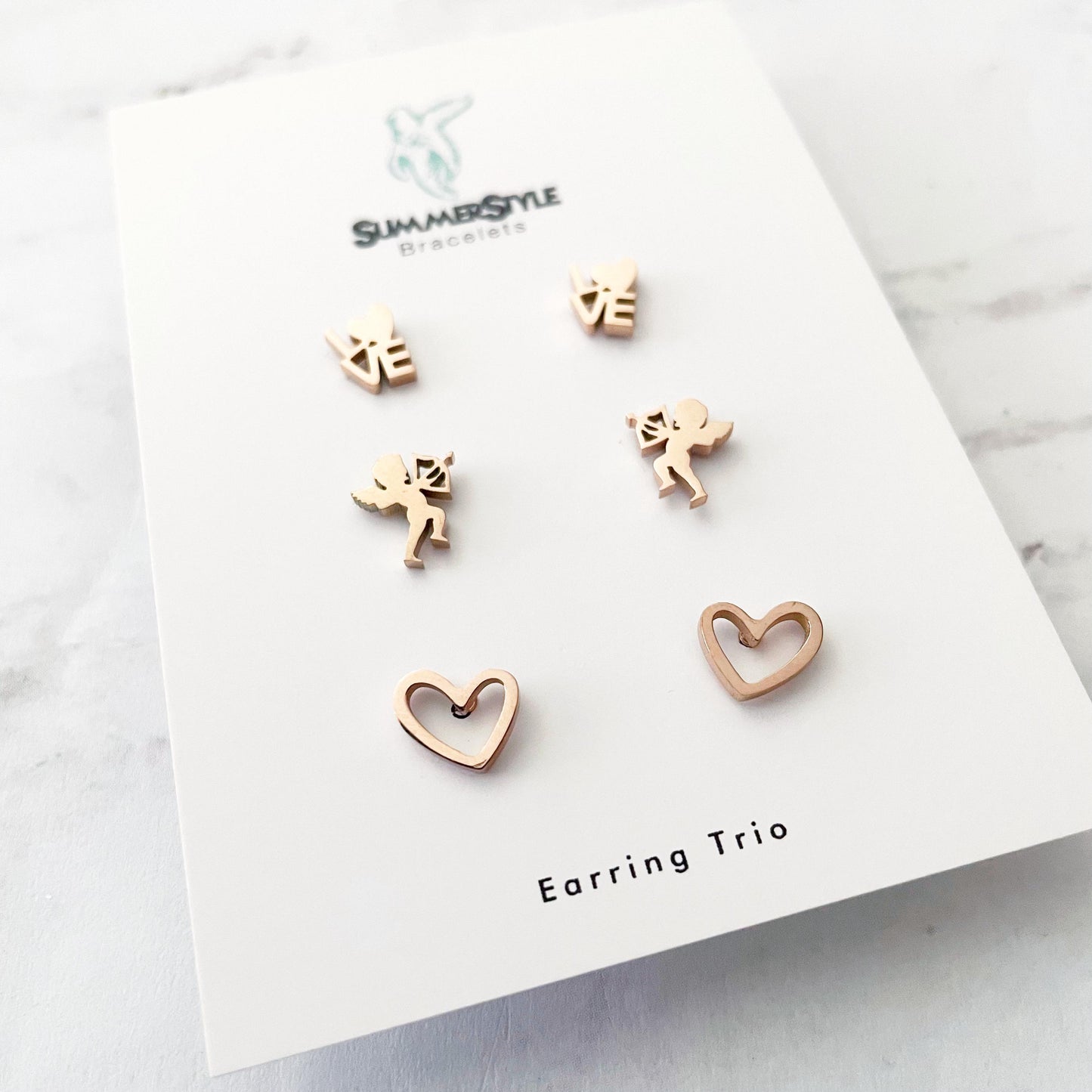 Rose Gold Valentine’s Day Stud Earring Set, Stud Earrings Trio, Heart Earrings, SummerStyle Bracelets