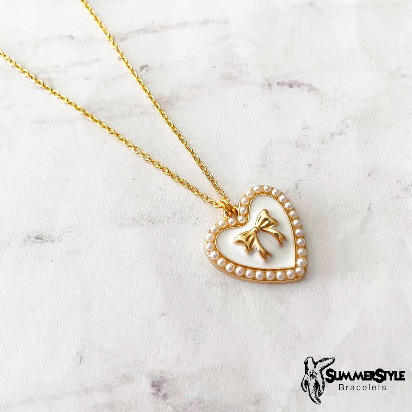 Pearly Bow Heart Charm Necklace, Bow Jewelry, Stainless Steel Chain Necklace, SummerStyle Bracelets