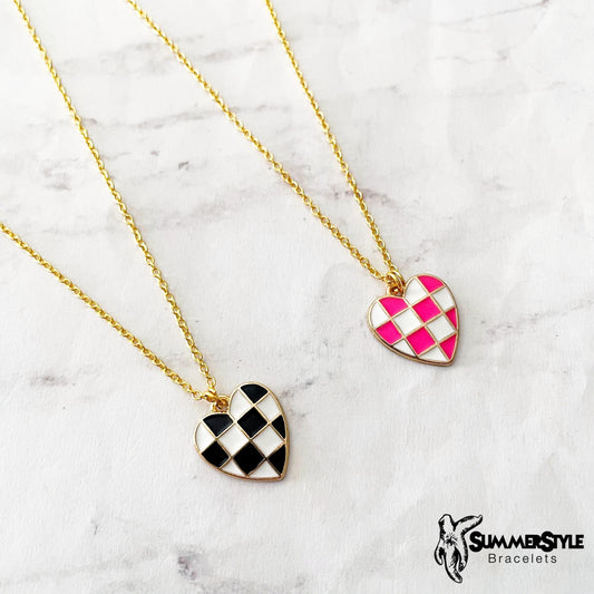 Checkered Heart Charm Necklace, Heart Jewelry, Stainless Steel Chain Necklace, SummerStyle Bracelets