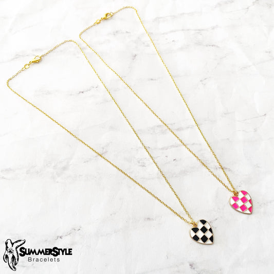 Checkered Heart Charm Necklace, Heart Jewelry, Stainless Steel Chain Necklace, SummerStyle Bracelets