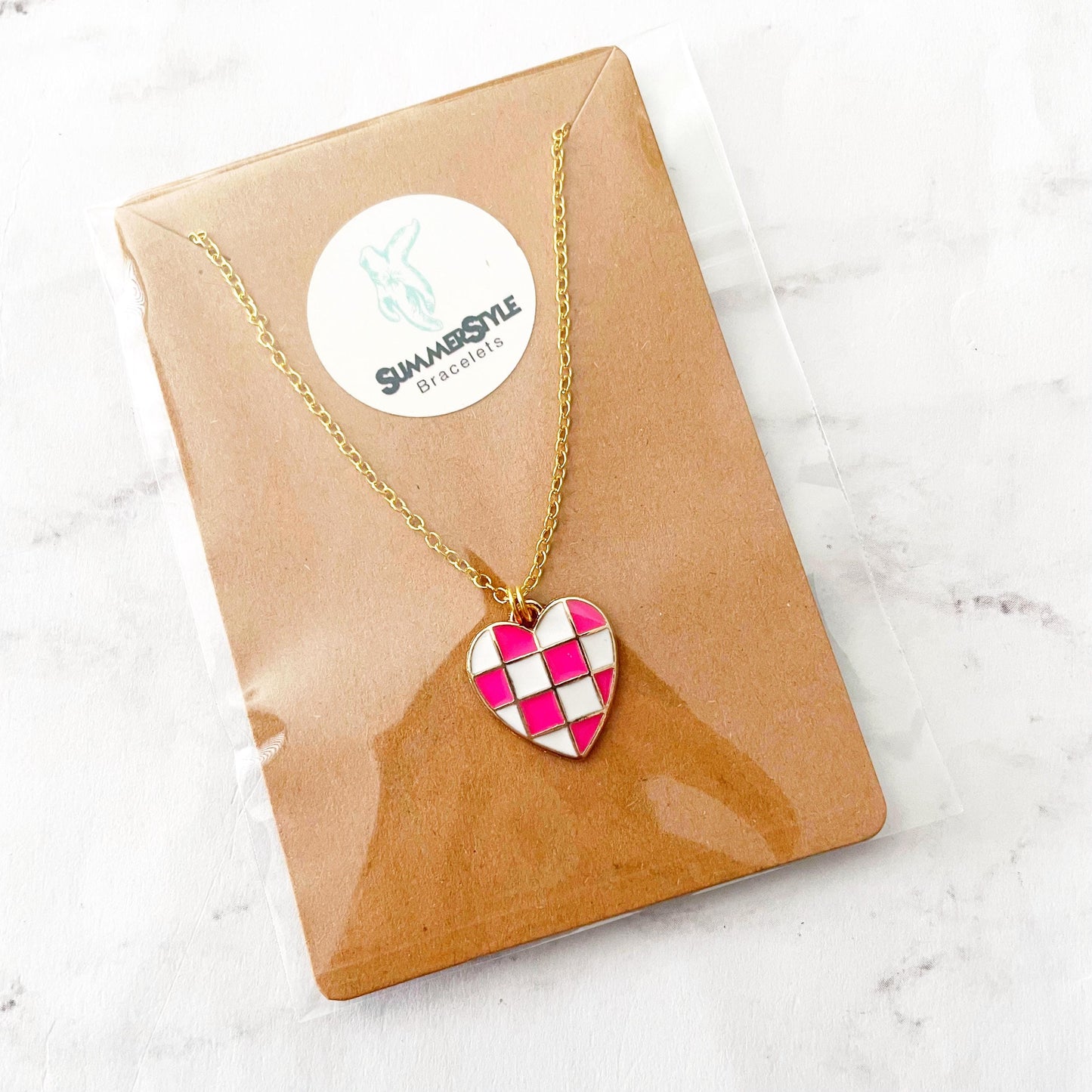 Checkered Heart Charm Necklace, Heart Jewelry, Stainless Steel Chain Necklace, SummerStyle Bracelets