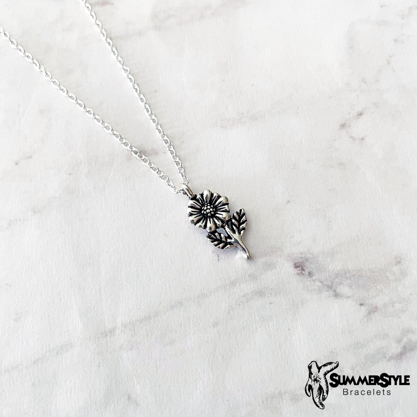 Silver Sunflower Charm Necklace, Floral Jewelry, Silver Chain Necklace, SummerStyle Bracelets