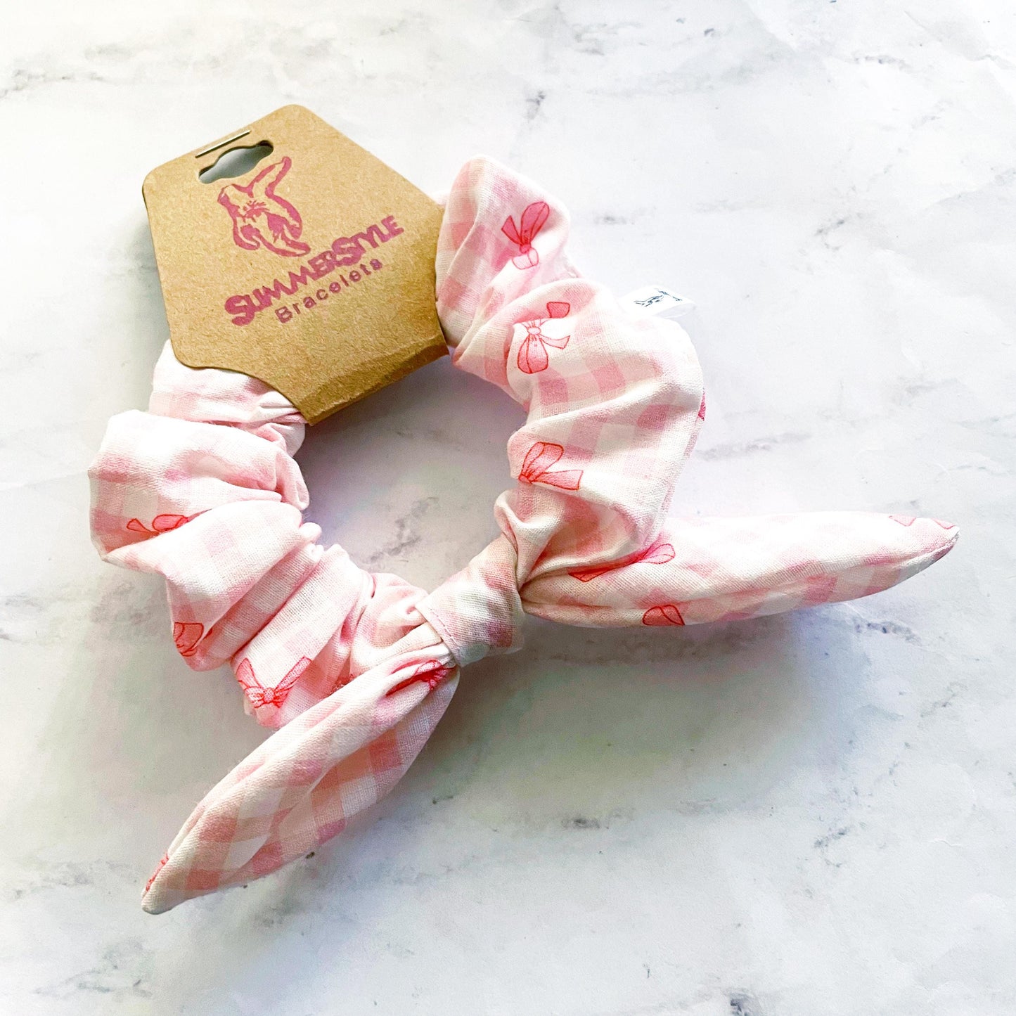 Pink Gingham Girly Bow Scrunchie, Scrunched Bow Hair Tie, Hair Accessories, SummerStyle Bracelets