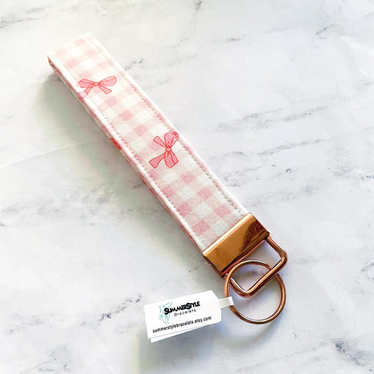 Pink Gingham Bow Key Fob Wristlet, 6.5in Wristlet Lanyard, Keychain Wristlet, Handmade Lanyard, SummerStyle Bracelets