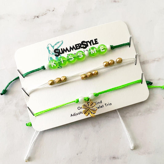 ST PATRICKS DAY Kiss Me Bracelet Set, One of a Kind Bracelet Trio, Unique Bracelet Set, Lucky Jewelry, SummerStyle Bracelets