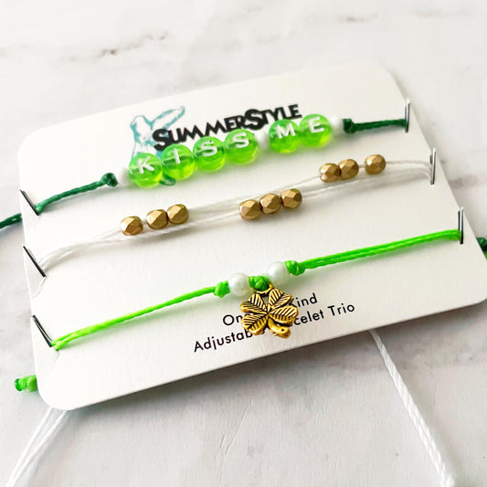 ST PATRICKS DAY Kiss Me Bracelet Set, One of a Kind Bracelet Trio, Unique Bracelet Set, Lucky Jewelry, SummerStyle Bracelets