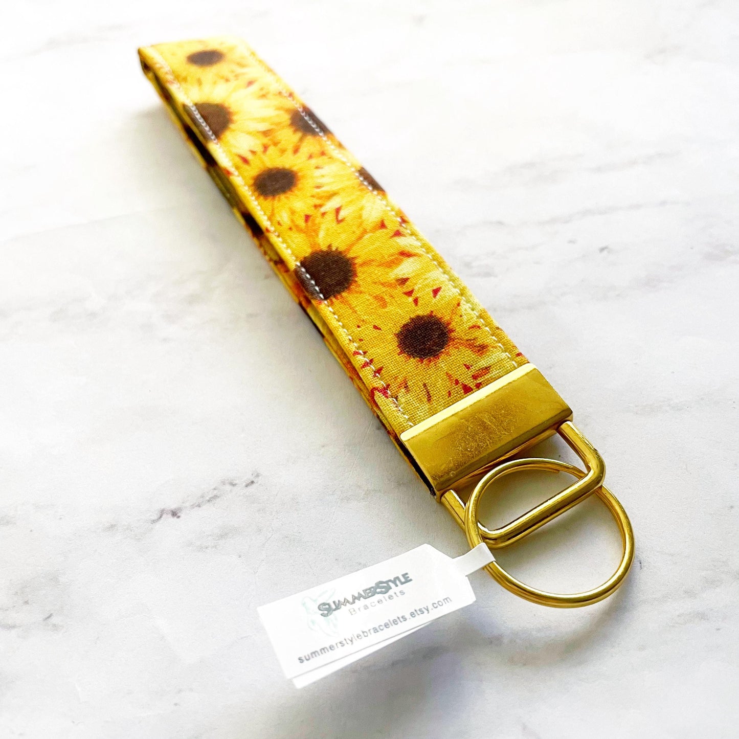 Golden Sunflower Key Fob Wristlet, 6.5in Wristlet Lanyard, Keychain Wristlet, Handmade Lanyard, SummerStyle Bracelets