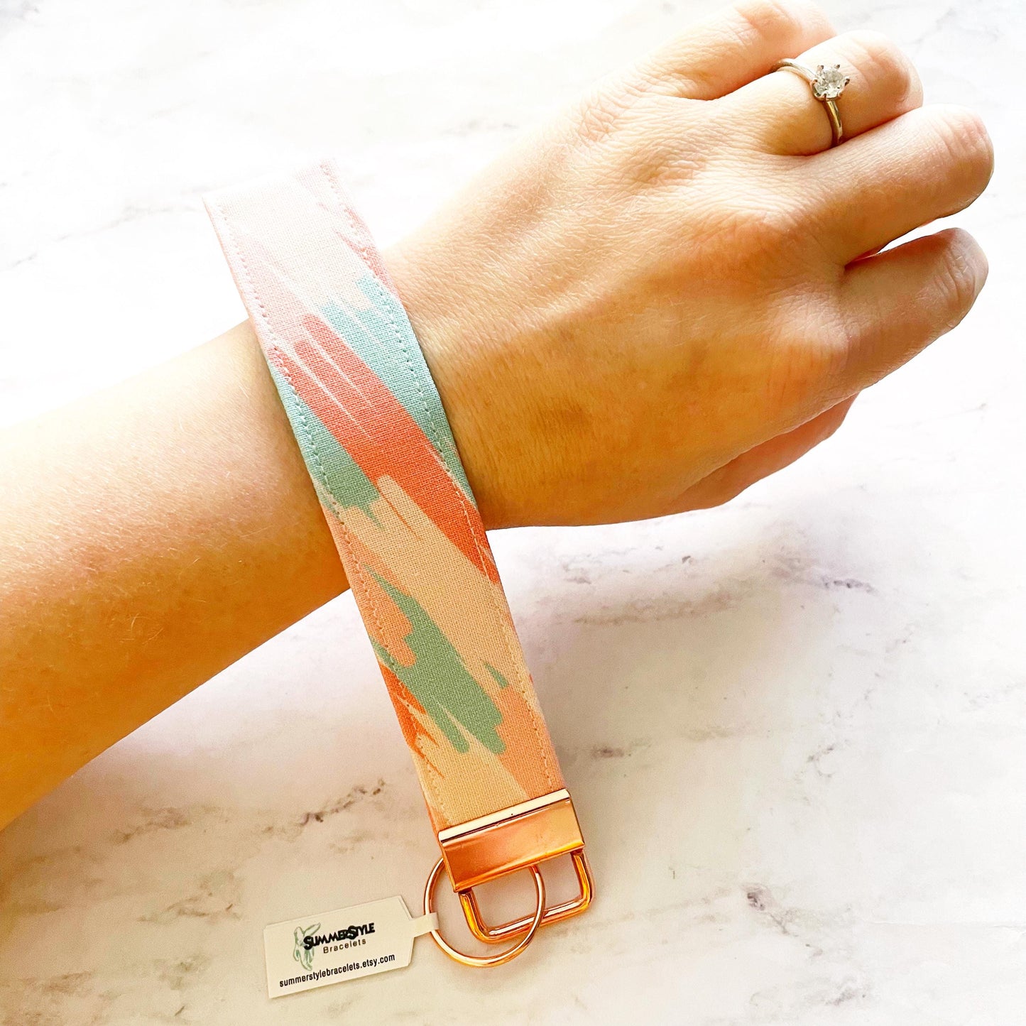 Rose Gold Paint Strokes Key Fob Wristlet, 6.5in Wristlet Lanyard, Keychain Wristlet, Handmade Lanyard, SummerStyle Bracelets