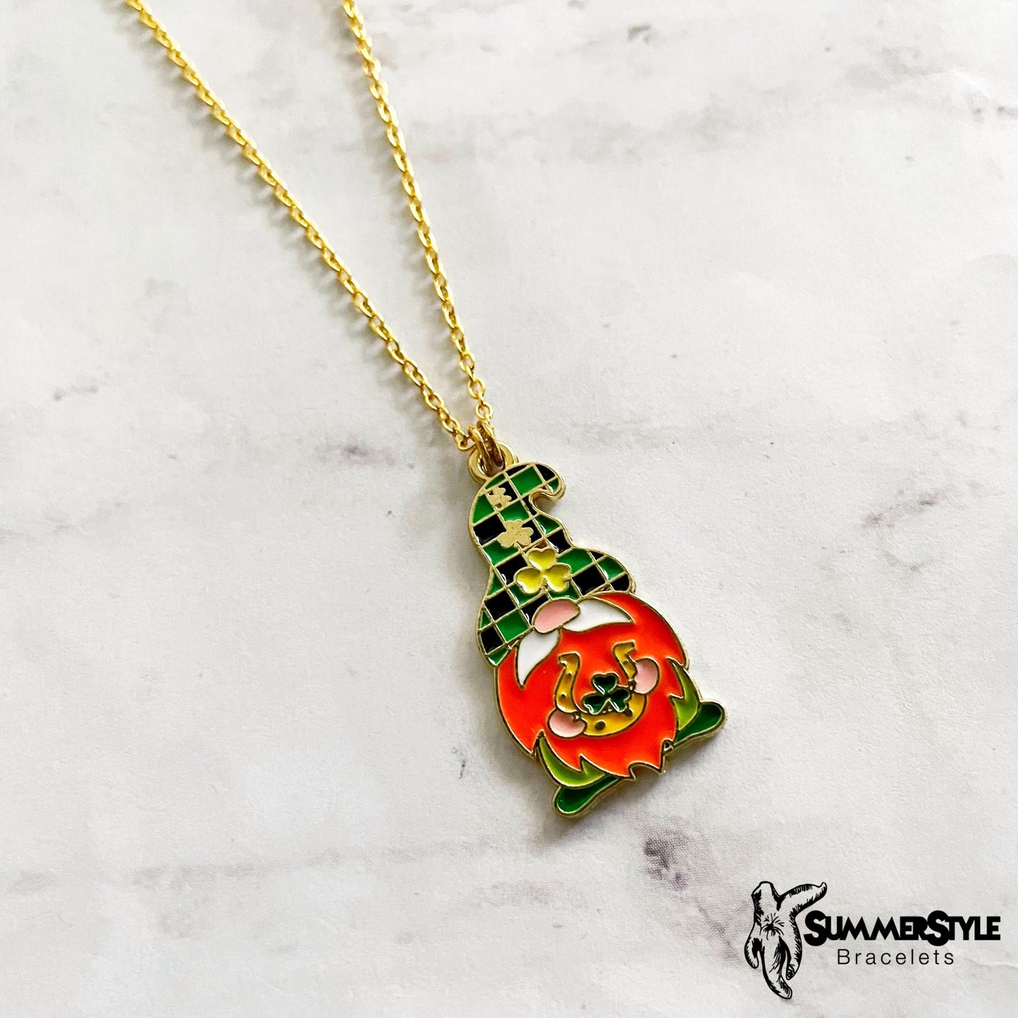St. Patrick’s Day Leprechaun Gnome Charm Necklace, Lucky Jewelry, Stainless Steel Chain Necklace, SummerStyle Bracelets