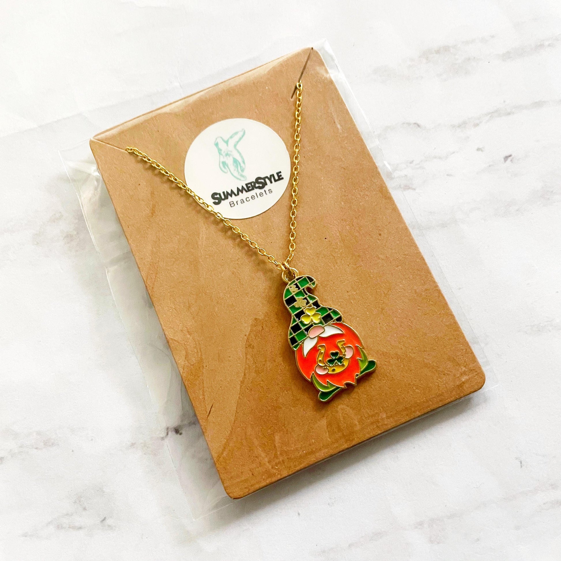 St. Patrick’s Day Leprechaun Gnome Charm Necklace, Lucky Jewelry, Stainless Steel Chain Necklace, SummerStyle Bracelets