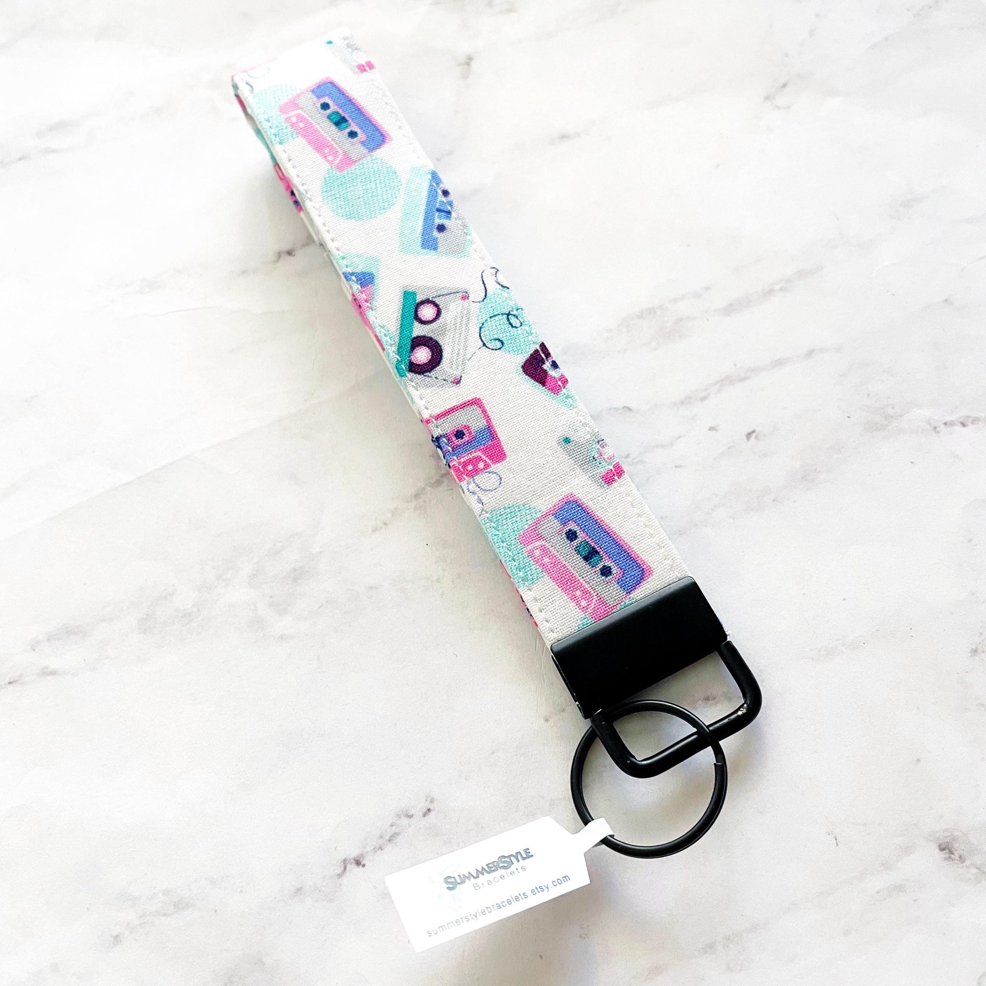 Neon Cassette Key Fob Wristlet, 6.5in Wristlet Lanyard, Keychain Wristlet, Handmade Lanyard, SummerStyle Bracelets