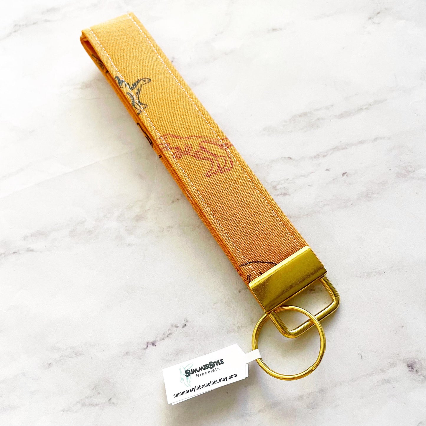 Golden Dinosaur Key Fob Wristlet, 6.5in Wristlet Lanyard, Keychain Wristlet, Handmade Lanyard, SummerStyle Bracelets