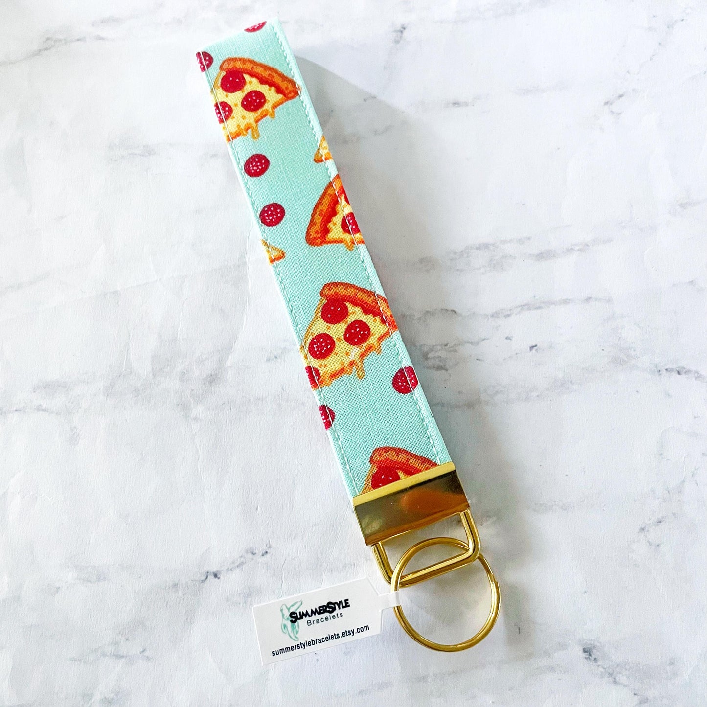 Aqua Pizza Key Fob Wristlet, 6.5in Wristlet Lanyard, Keychain Wristlet, Handmade Lanyard, SummerStyle Bracelets