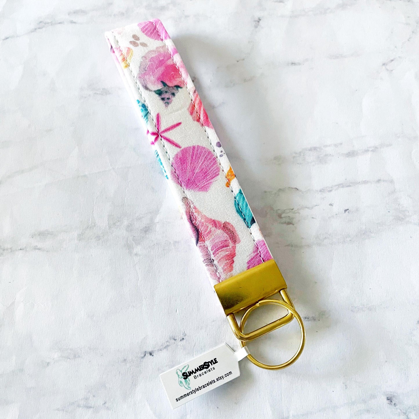 Watercolor Seashell Key Fob Wristlet, 6.5in Wristlet Lanyard, Keychain Wristlet, Handmade Lanyard, SummerStyle Bracelets