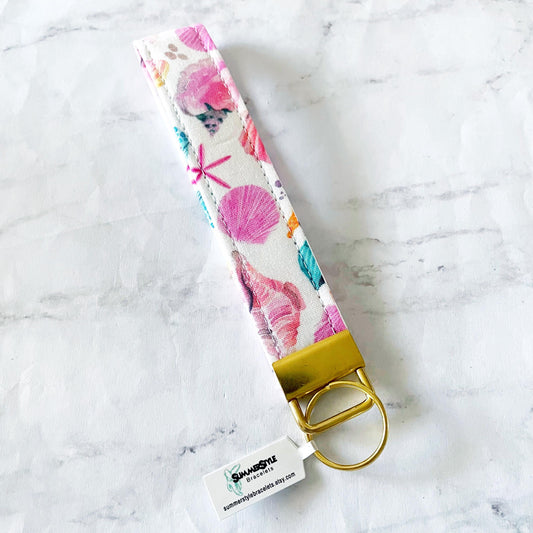 Watercolor Seashell Key Fob Wristlet, 6.5in Wristlet Lanyard, Keychain Wristlet, Handmade Lanyard, SummerStyle Bracelets
