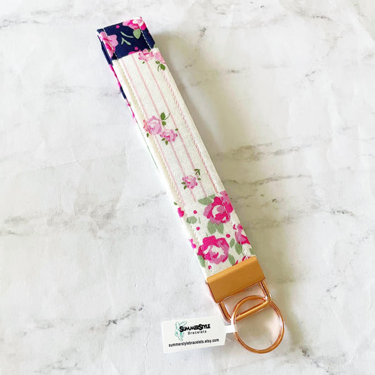 Preppy Pink Patchwork Key Fob Wristlet, 6.5in Wristlet Lanyard, Keychain Wristlet, Handmade Lanyard, SummerStyle Bracelets