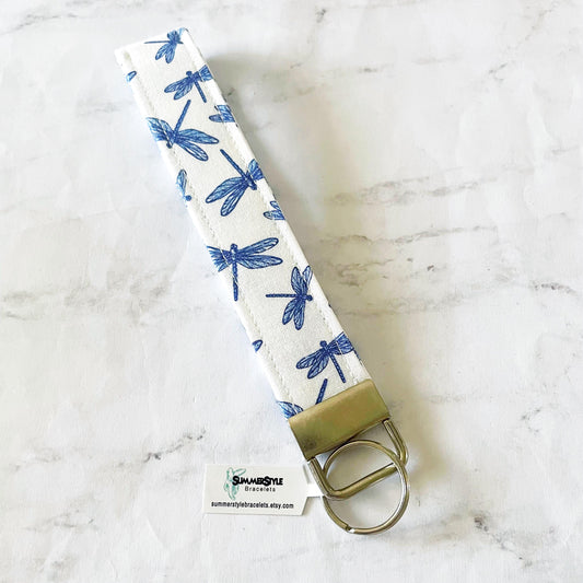 Blue & White Dragonfly Key Fob Wristlet, 6.5in Wristlet Lanyard, Keychain Wristlet, Handmade Lanyard, SummerStyle Bracelets