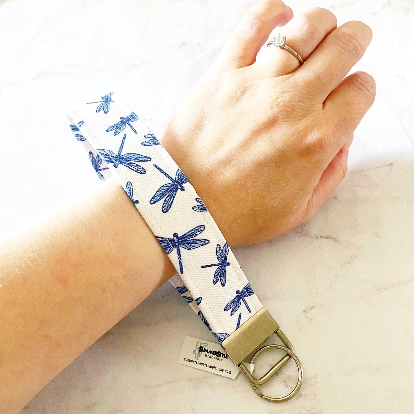 Blue & White Dragonfly Key Fob Wristlet, 6.5in Wristlet Lanyard, Keychain Wristlet, Handmade Lanyard, SummerStyle Bracelets