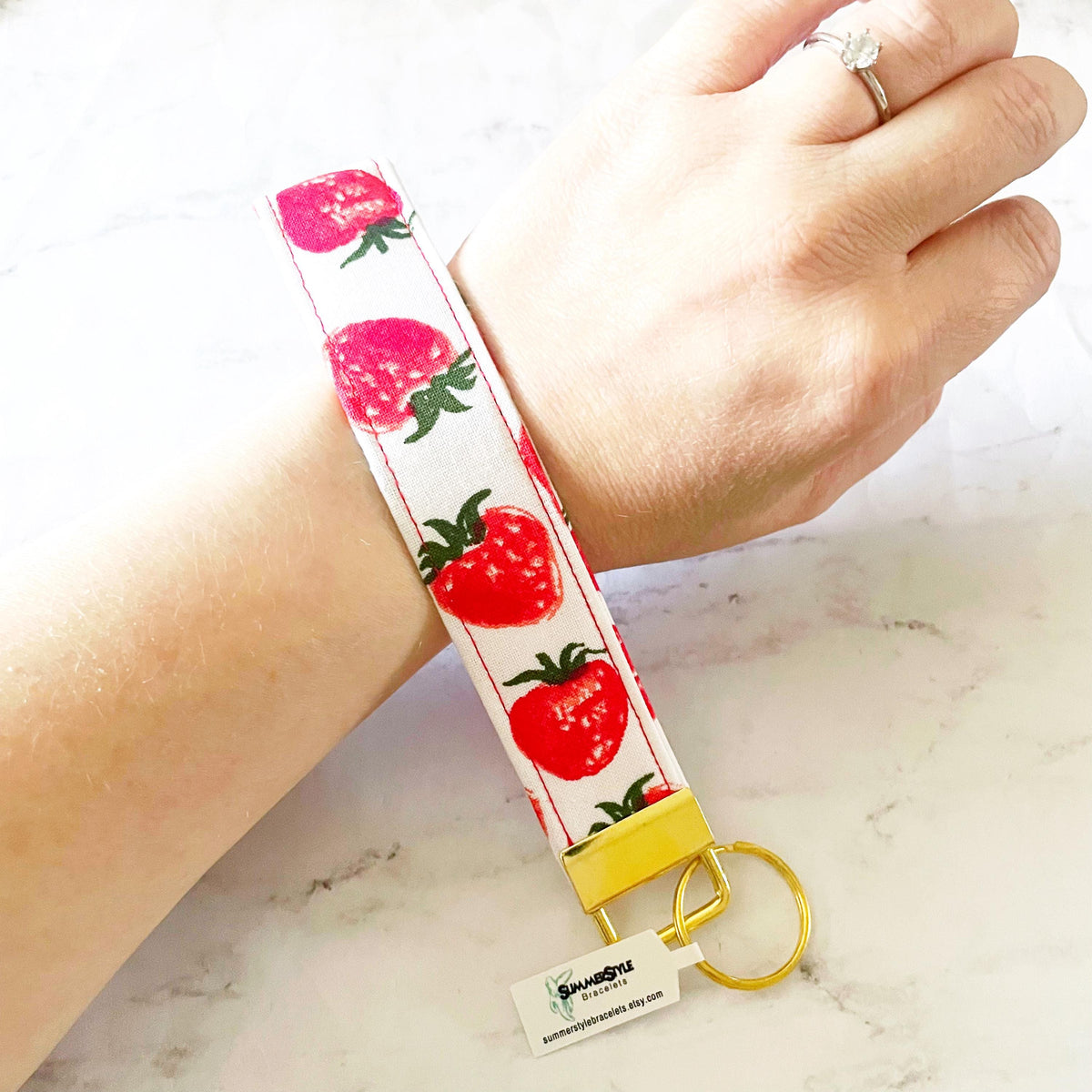 Painted Strawberry Key Fob Wristlet, 6.5in Wristlet Lanyard, Keychain Wristlet, Handmade Lanyard, SummerStyle Bracelets