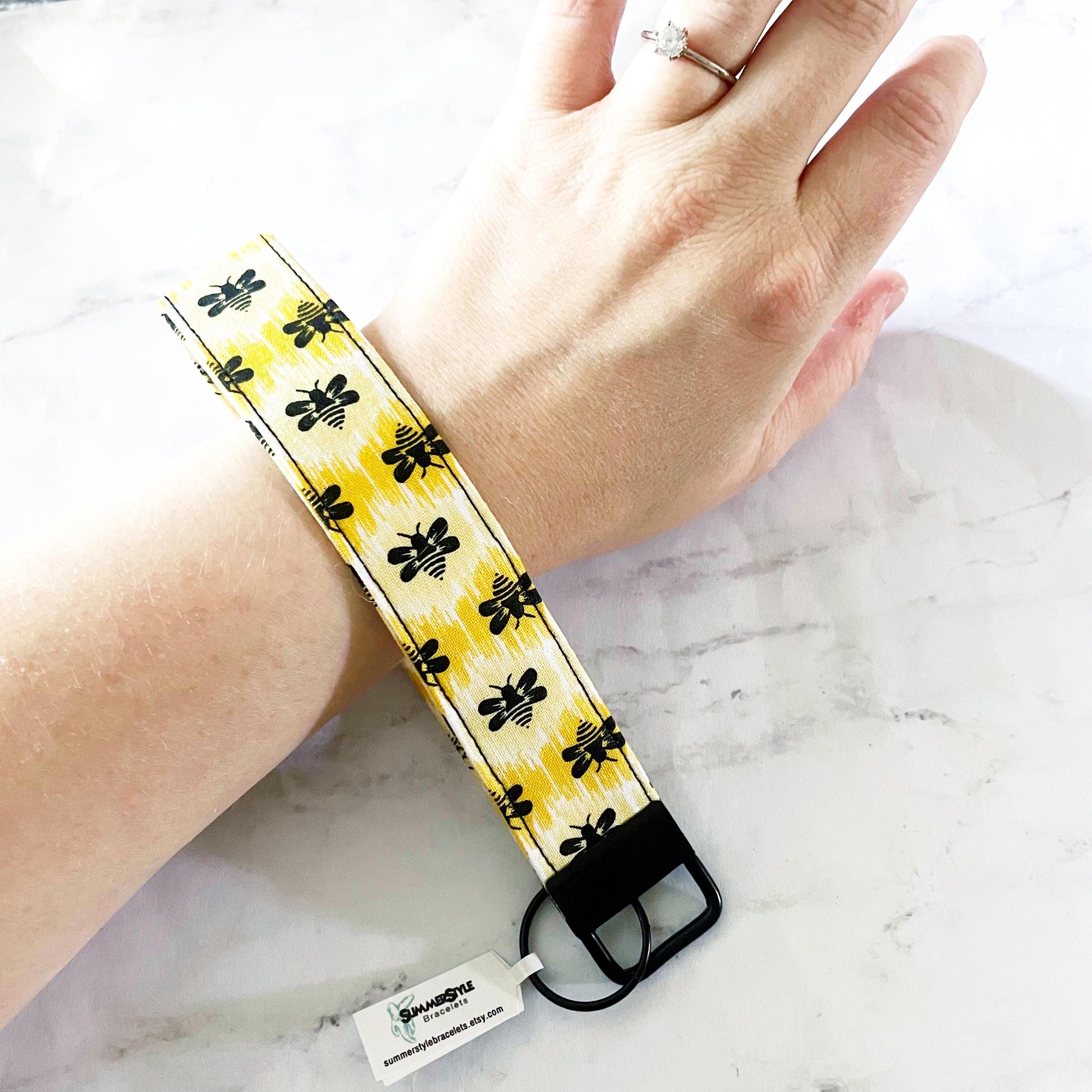 Black Bee Key Fob Wristlet, 6.5in Wristlet Lanyard, Keychain Wristlet, Handmade Lanyard, SummerStyle Bracelets