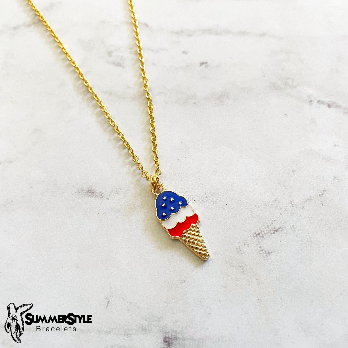Americana Ice Cream Charm Necklace, Patriotic Necklace, July 4th Jewelry, Gold Chain Necklace, SummerStyle Bracelets