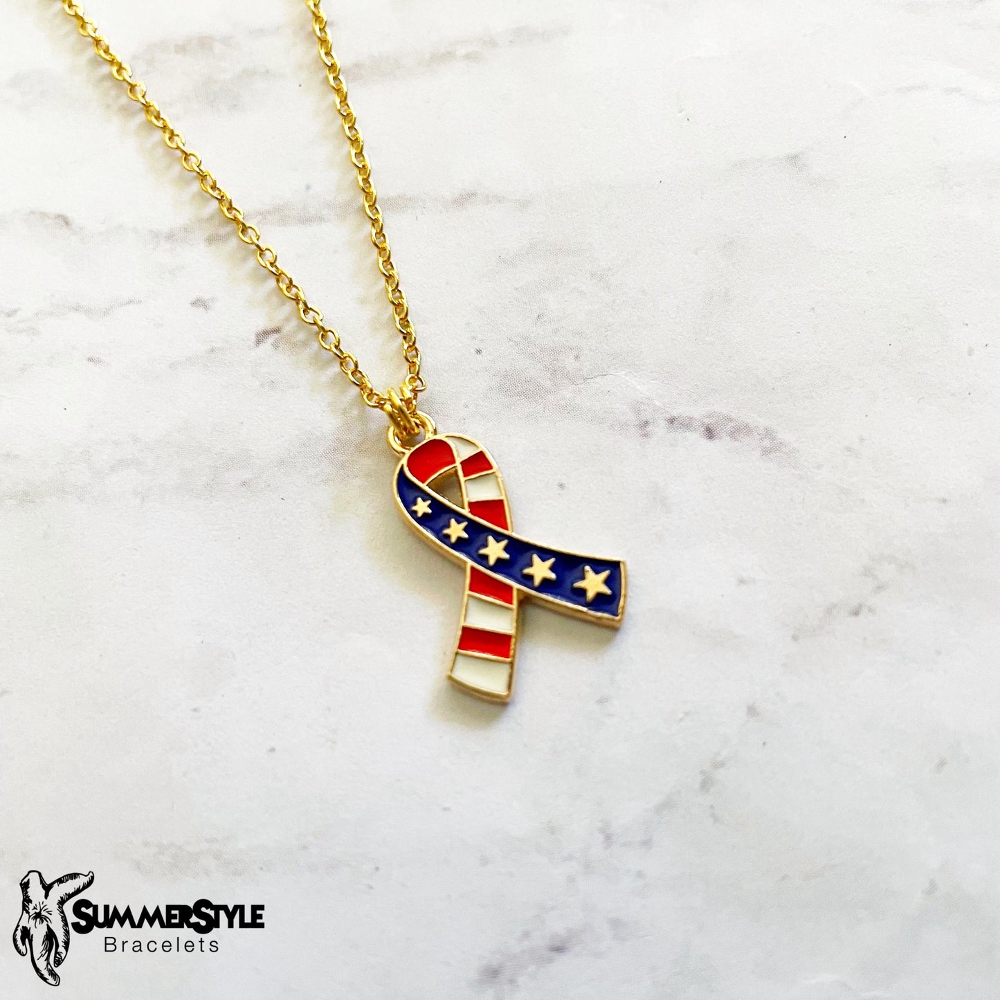 Americana Ribbon Charm Necklace, Patriotic Necklace, July 4th Jewelry, Gold Chain Necklace, SummerStyle Bracelets