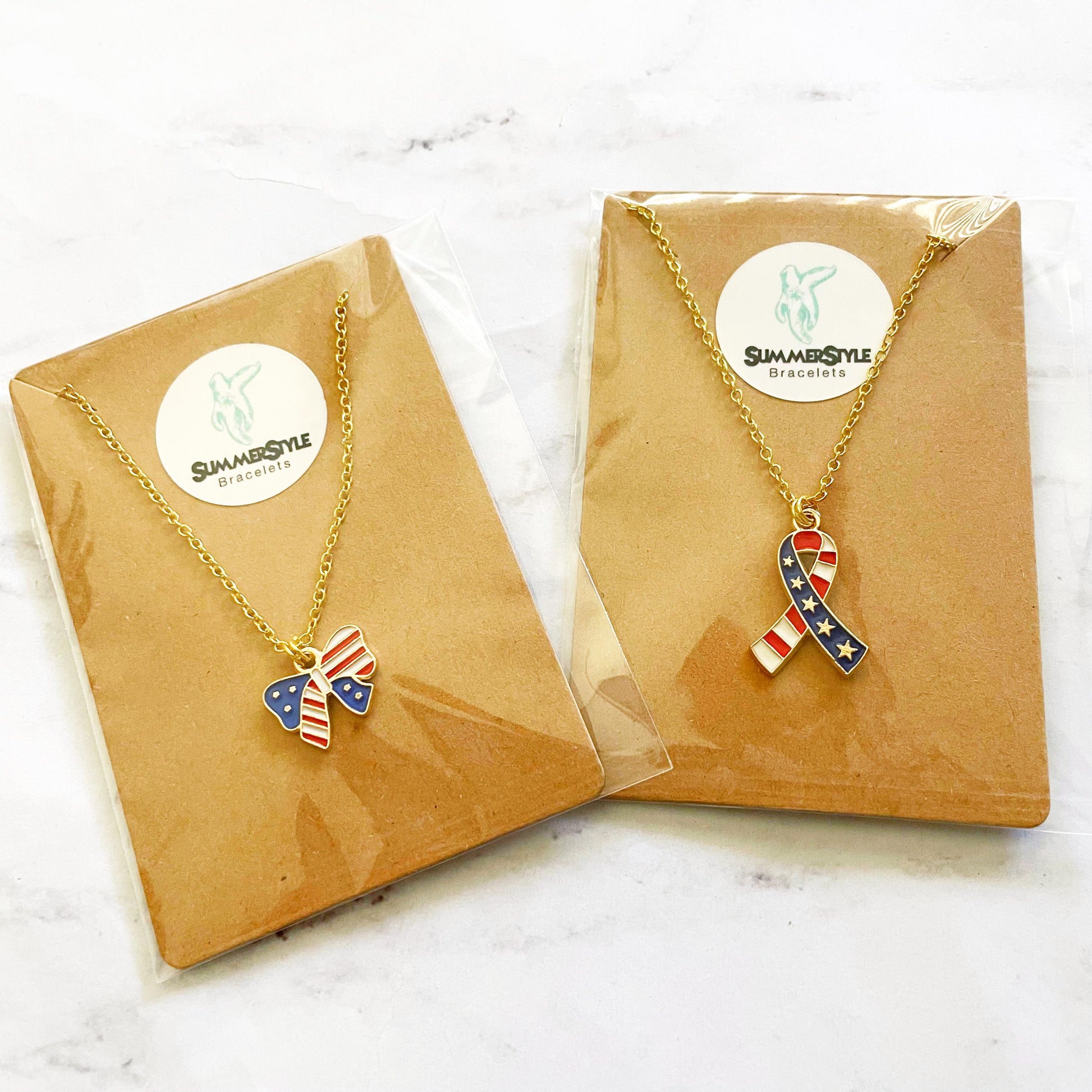 Americana Ribbon Charm Necklace, Patriotic Necklace, July 4th Jewelry, Gold Chain Necklace, SummerStyle Bracelets