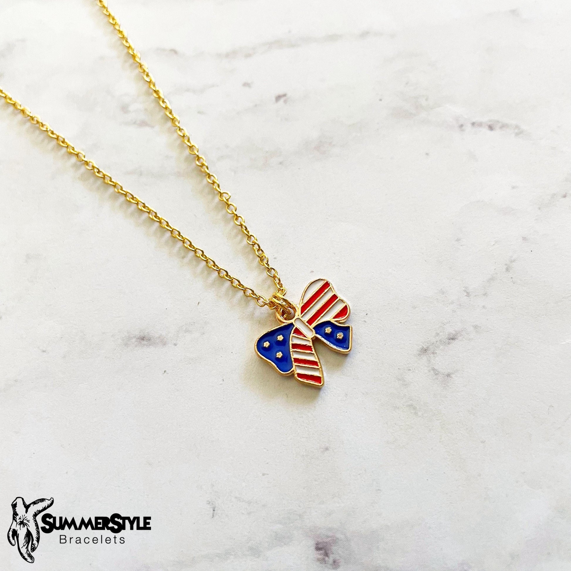 Americana Ribbon Charm Necklace, Patriotic Necklace, July 4th Jewelry, Gold Chain Necklace, SummerStyle Bracelets